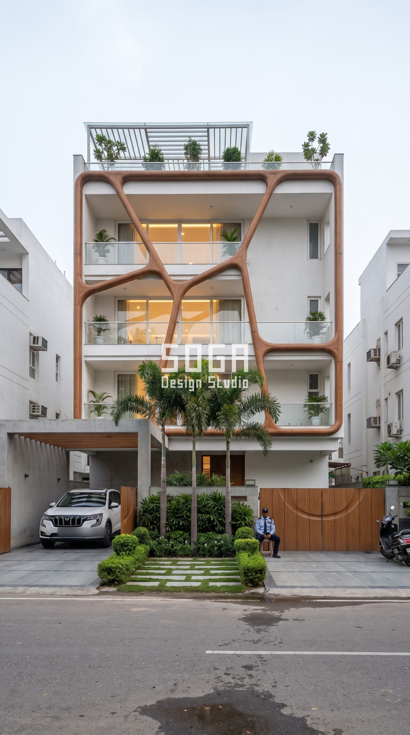 Elevation Design to Stand Out From Neighbours (2026) 4 Carved Monolith / Organic Frame / Smooth teak wood-finish alu facade, South Delhi - SOGA Design Studio