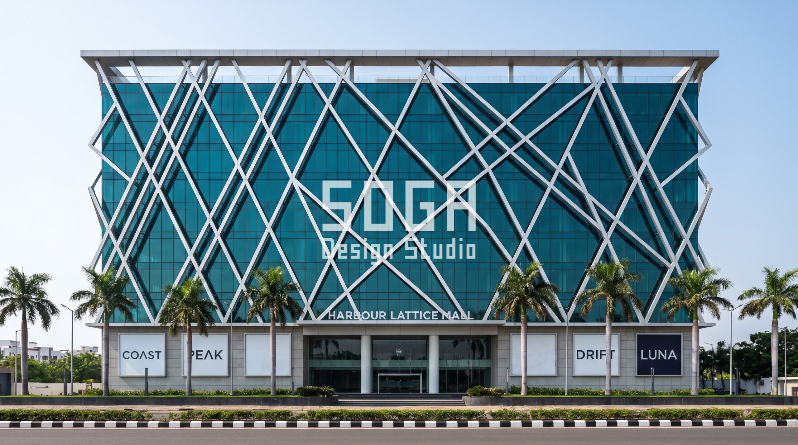 Parametric glass and metal Indian mall facades: 8 concepts 1 Harbour Lattice Mall Chennai: diagonal aluminium lattice over teal glass, palm trees at the kerb