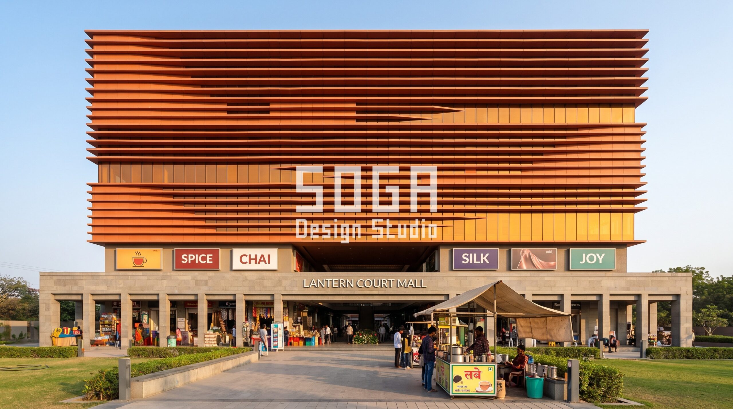Parametric glass and metal Indian mall facades: 8 concepts 5 Lantern Court Mall Ahmedabad: terracotta louvres in three depths over amber glass, shaded arcade in front
