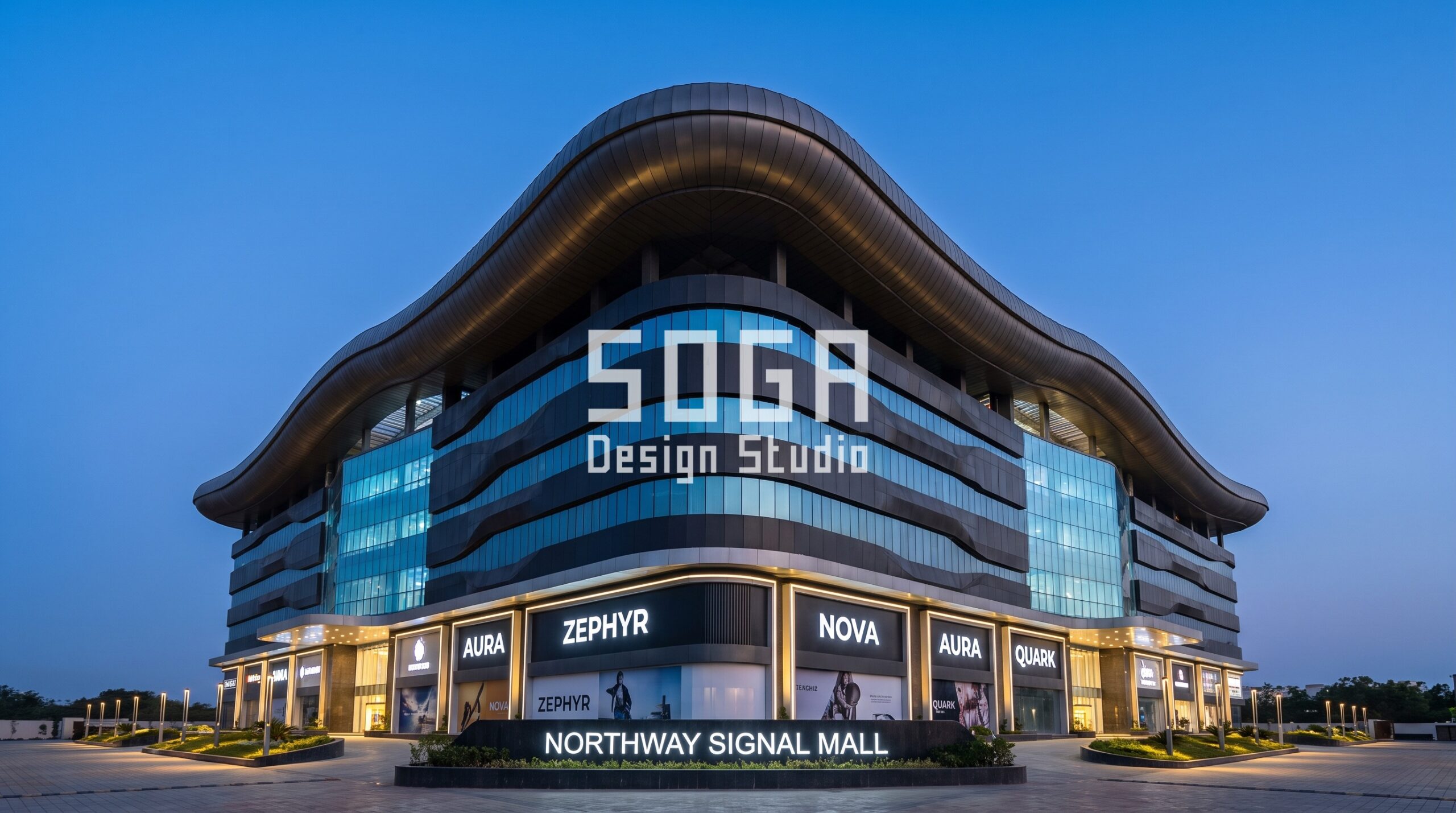Parametric glass and metal Indian mall facades: 8 concepts 3 Northway Signal Mall Hyderabad: wave-folded metal roof over a full-height curtain wall at dusk