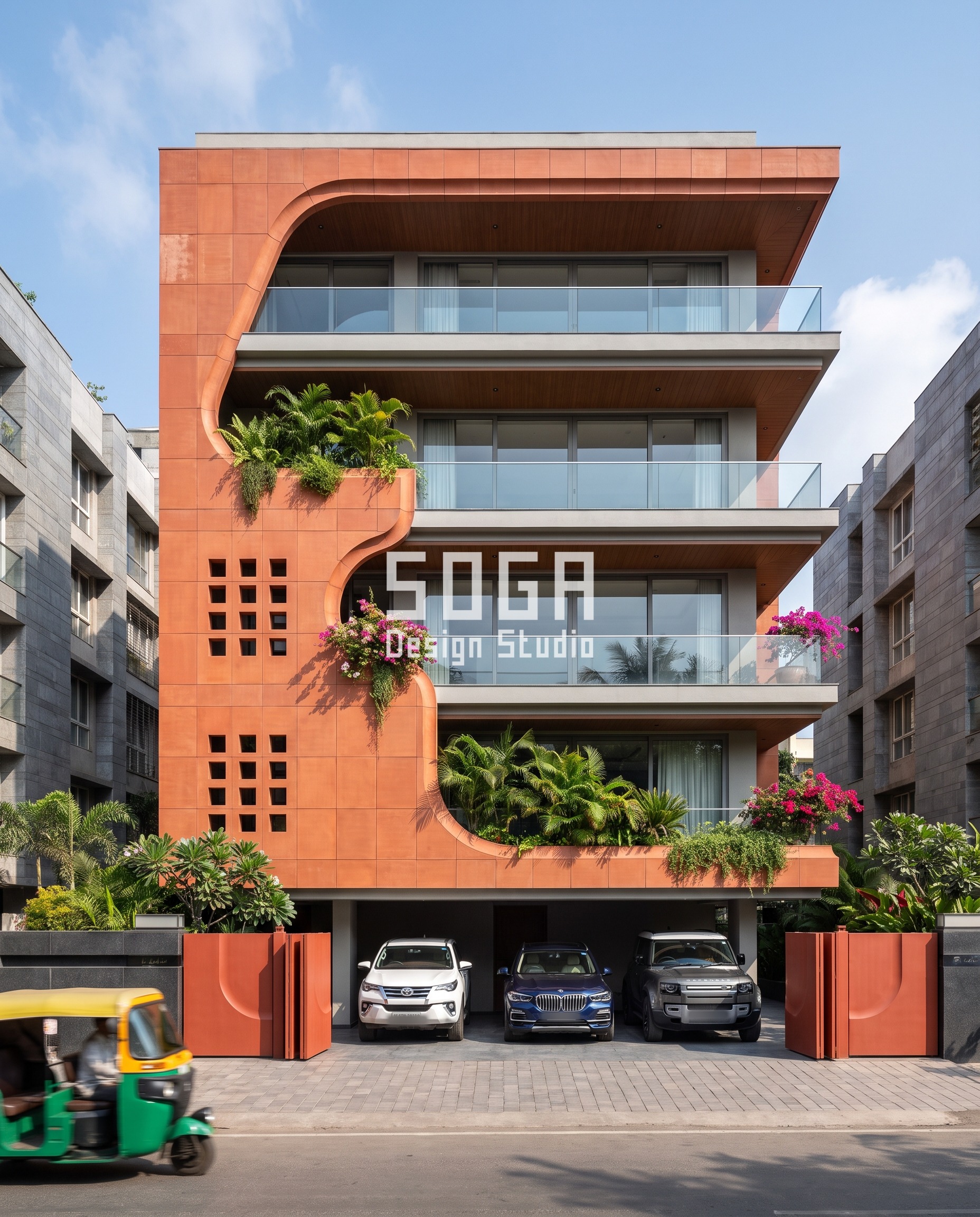 One Feature Elevation Design India: 2026 Facade Guide 9 Tarasha House / Smooth Terracotta facade Mumbai (Bandra) - SOGA Design Studio