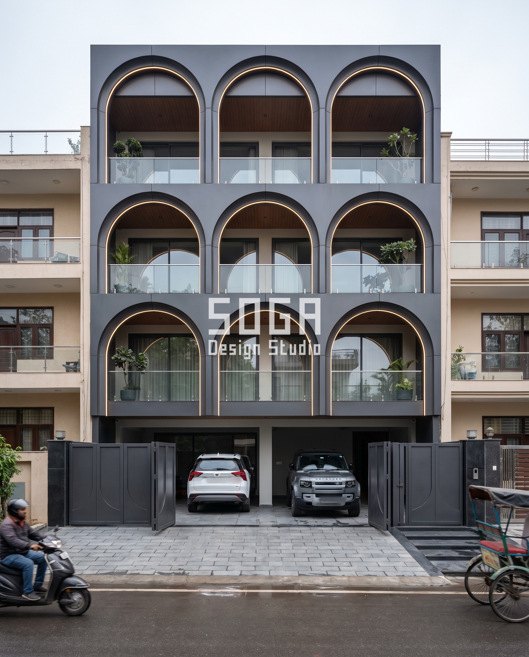 Gumbad House / Smooth charcoal facade, South Delhi - SOGA Design Studio
