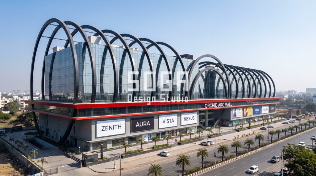 Parametric glass and metal Indian mall facades: 8 concepts 5 Orchid Arc Mall Pune: matte-black arches shrinking left to right in front of a glass box