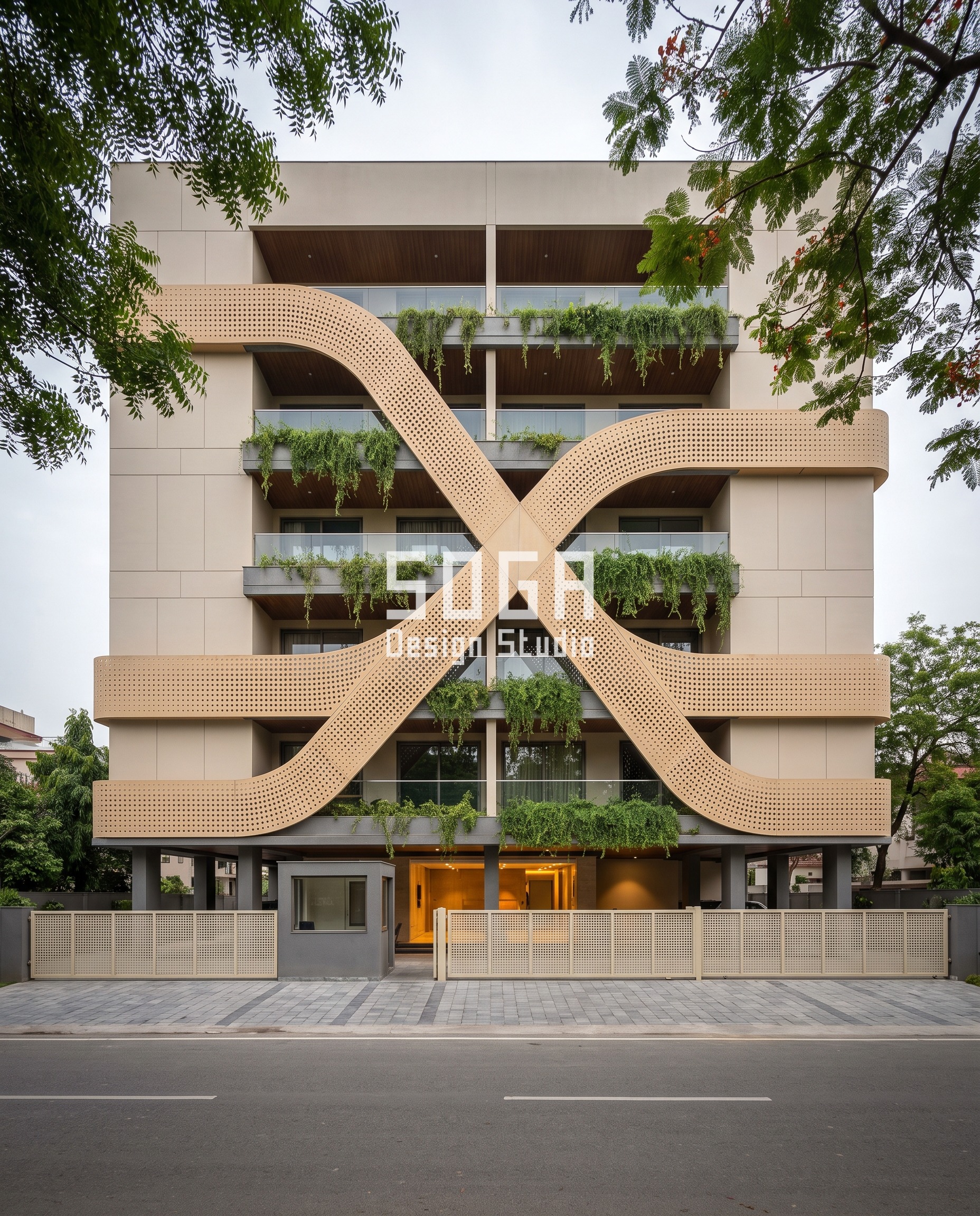 Perforated Metal Facade India 2026: 4 City Concepts 3 Sweeping S-Ribbon / Perforated cream gfrc facade, Lucknow - SOGA Design Studio