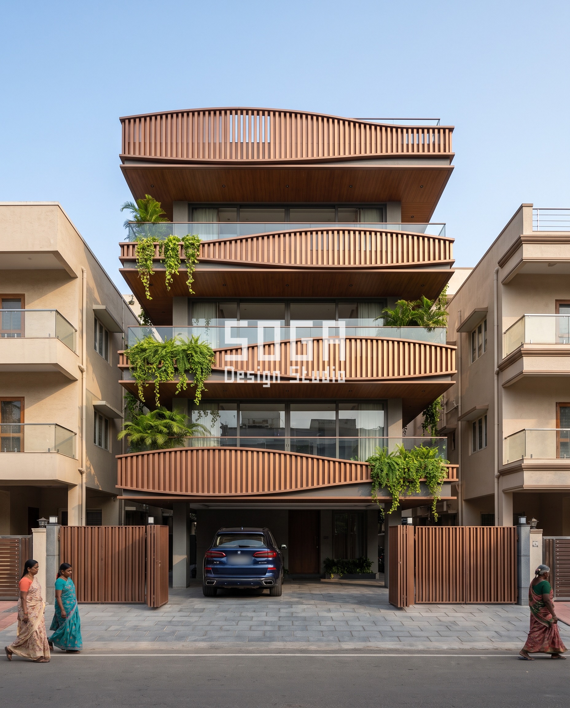Perforated Metal Facade India 2026: 4 City Concepts 4 Parametric G+3 builder-floor elevation in Chennai - copper-bronze lens-shaped fascia bands swelling at mid-span over a stilt-parking ground floor, SOGA Design Studio