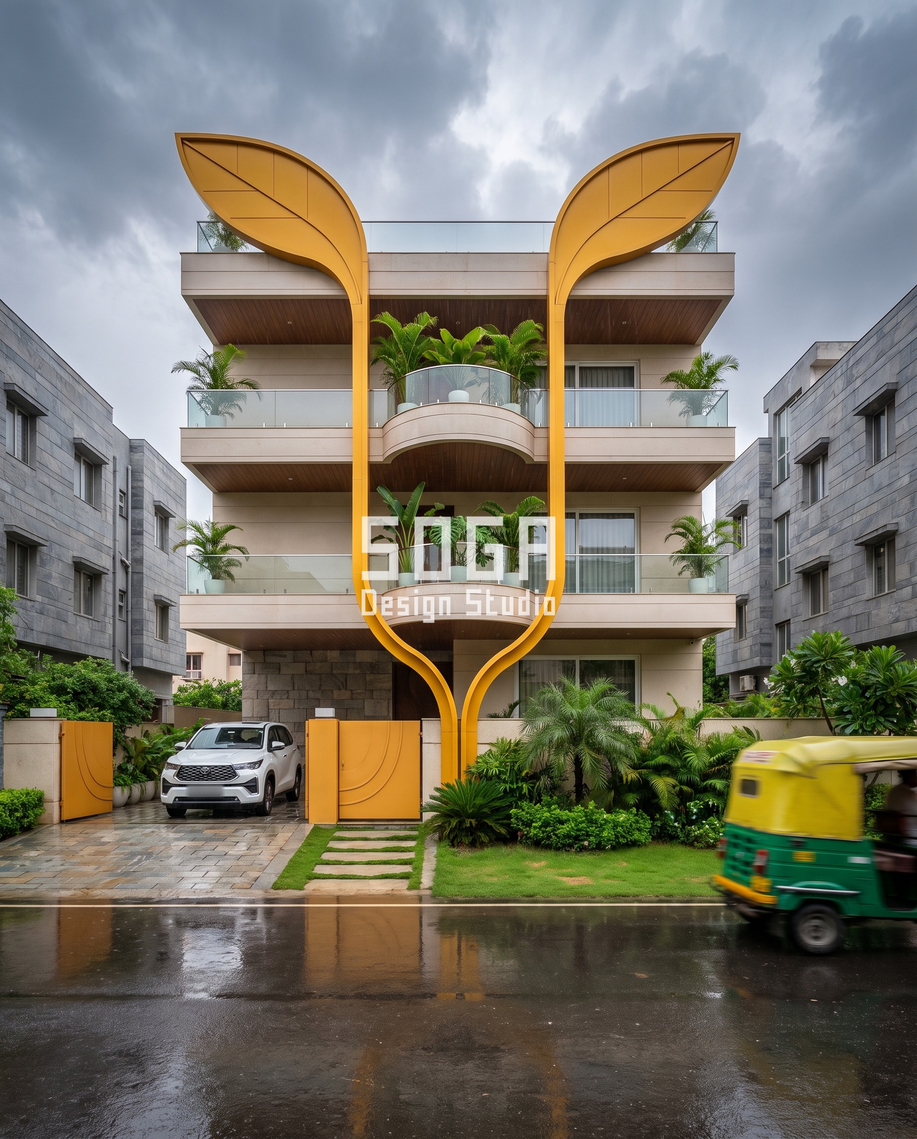 Perforated Metal Facade India 2026: 4 City Concepts 2 Monumental Frame Gesture / Smooth saffron facade, Jaipur - SOGA Design Studio