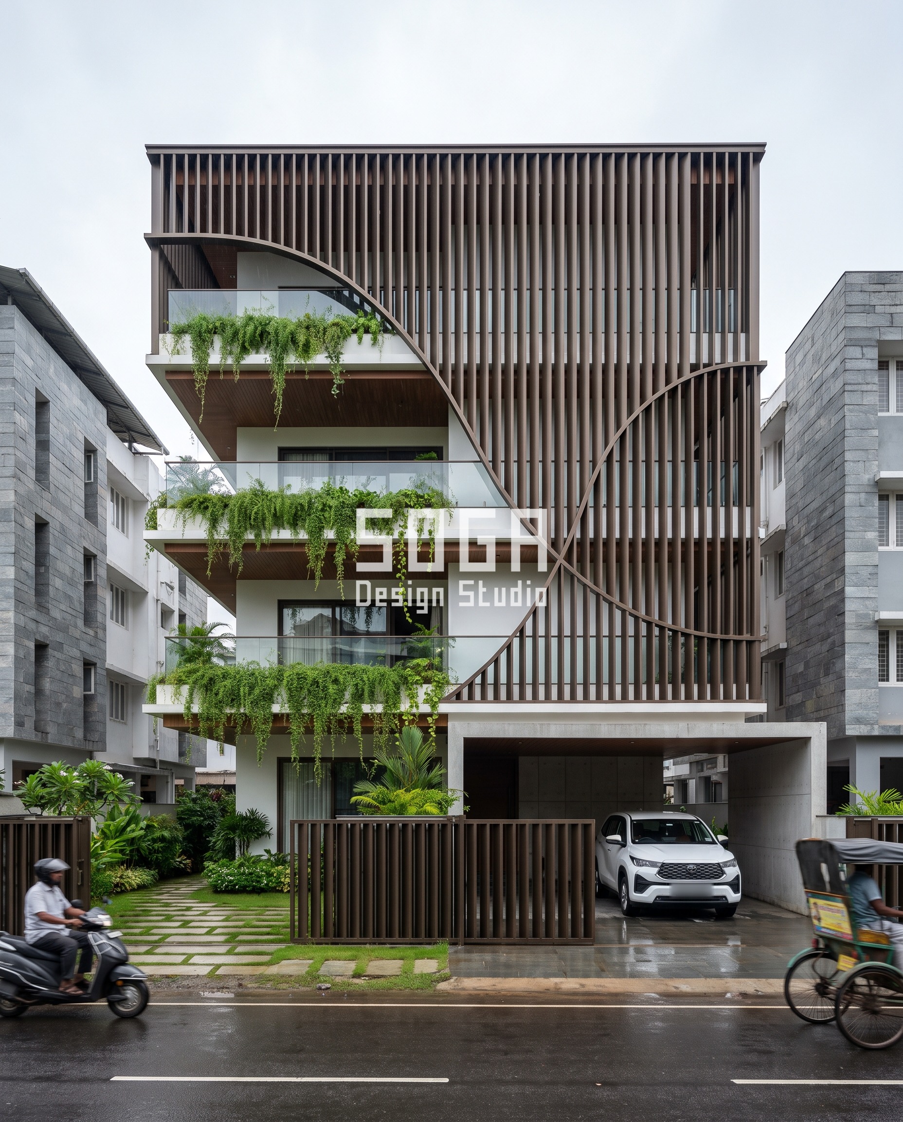 Perforated Metal Facade India 2026: 4 City Concepts 4 Carved Louver Field / Fins bronze facade, Kochi - SOGA Design Studio