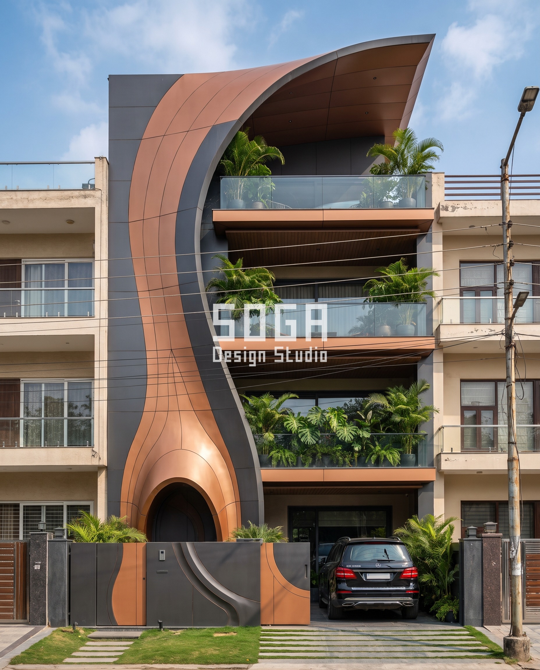 Parametric Facade Water Pooling: India Design Guide 4 Carved Monolith / Organic Frame / Smooth two tone facade, Chandigarh - SOGA Design Studio