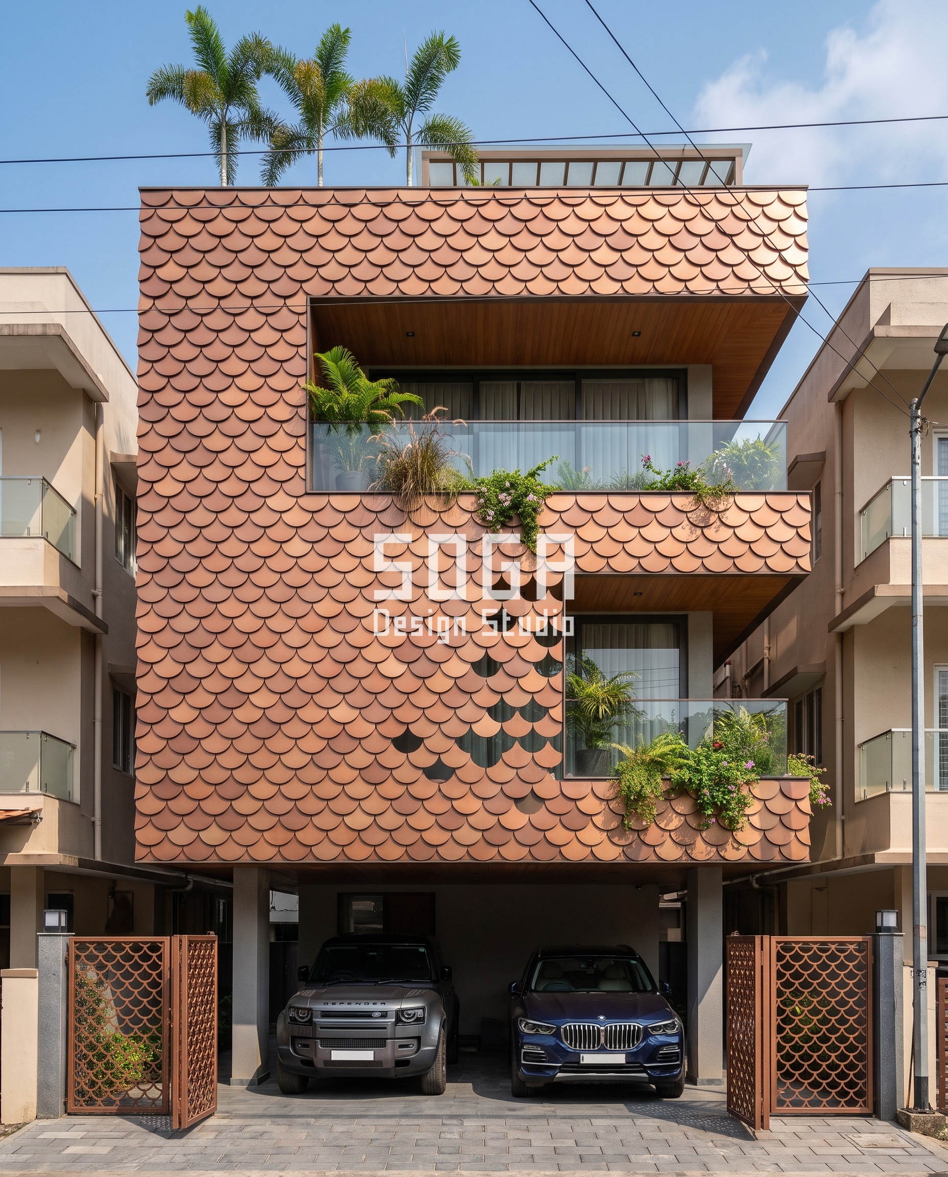 Parametric Facade Water Pooling: India Design Guide 3 Shingle Skin Sculpture / Scales copper bronze facade, Kochi - SOGA Design Studio