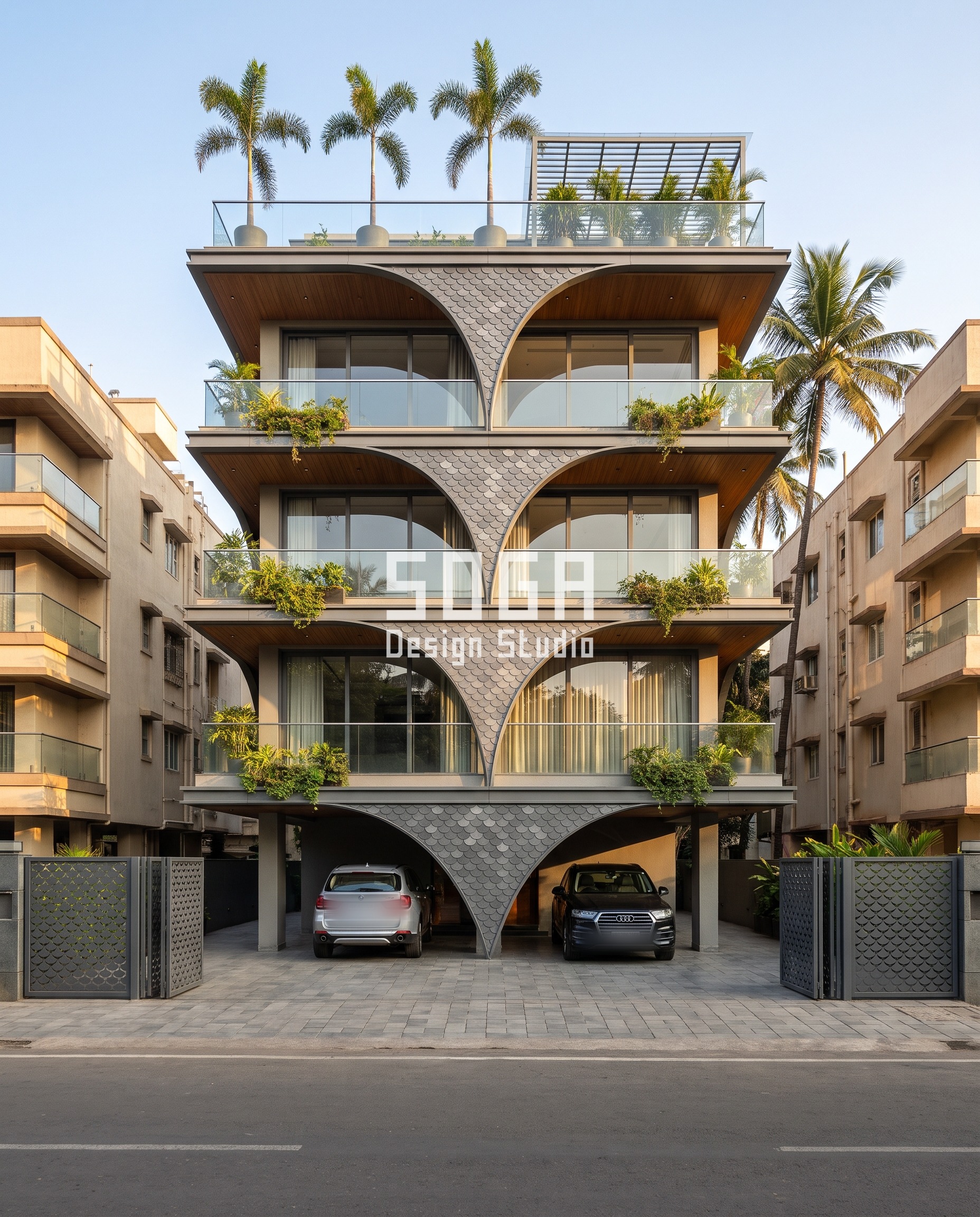 Parametric Facade Water Pooling: India Design Guide 2 Arches, Vaults & Loops / Scales graphite facade, Mumbai (Bandra) - SOGA Design Studio