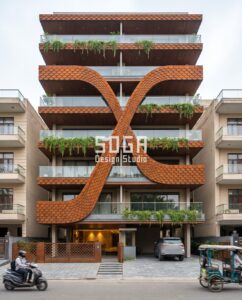 Sweeping S-Ribbon / Scales Corten facade Noida - SOGA Design Studio