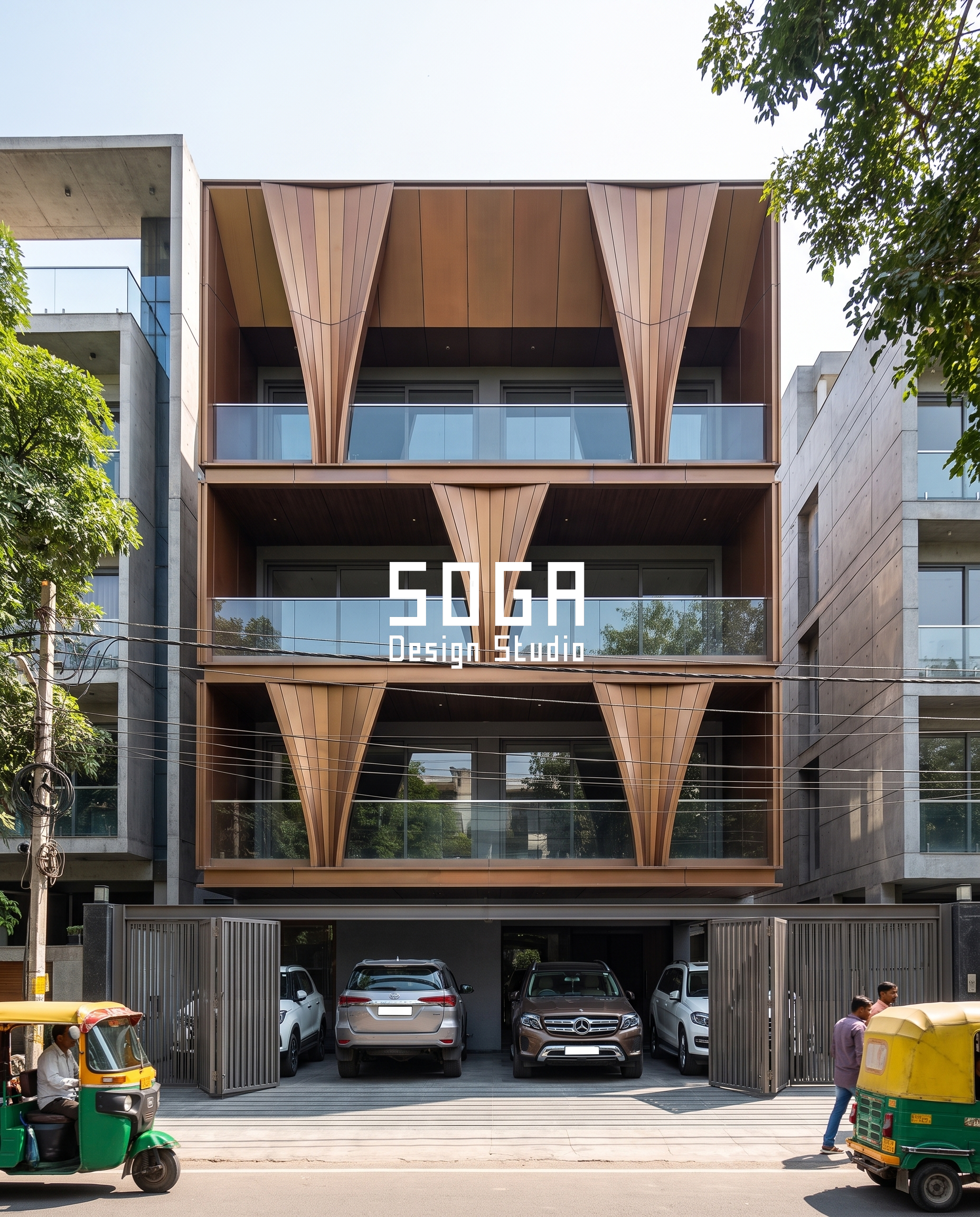 Pleated bronze fin columns tapering to a point at each balcony slab, SOGA Design Studio