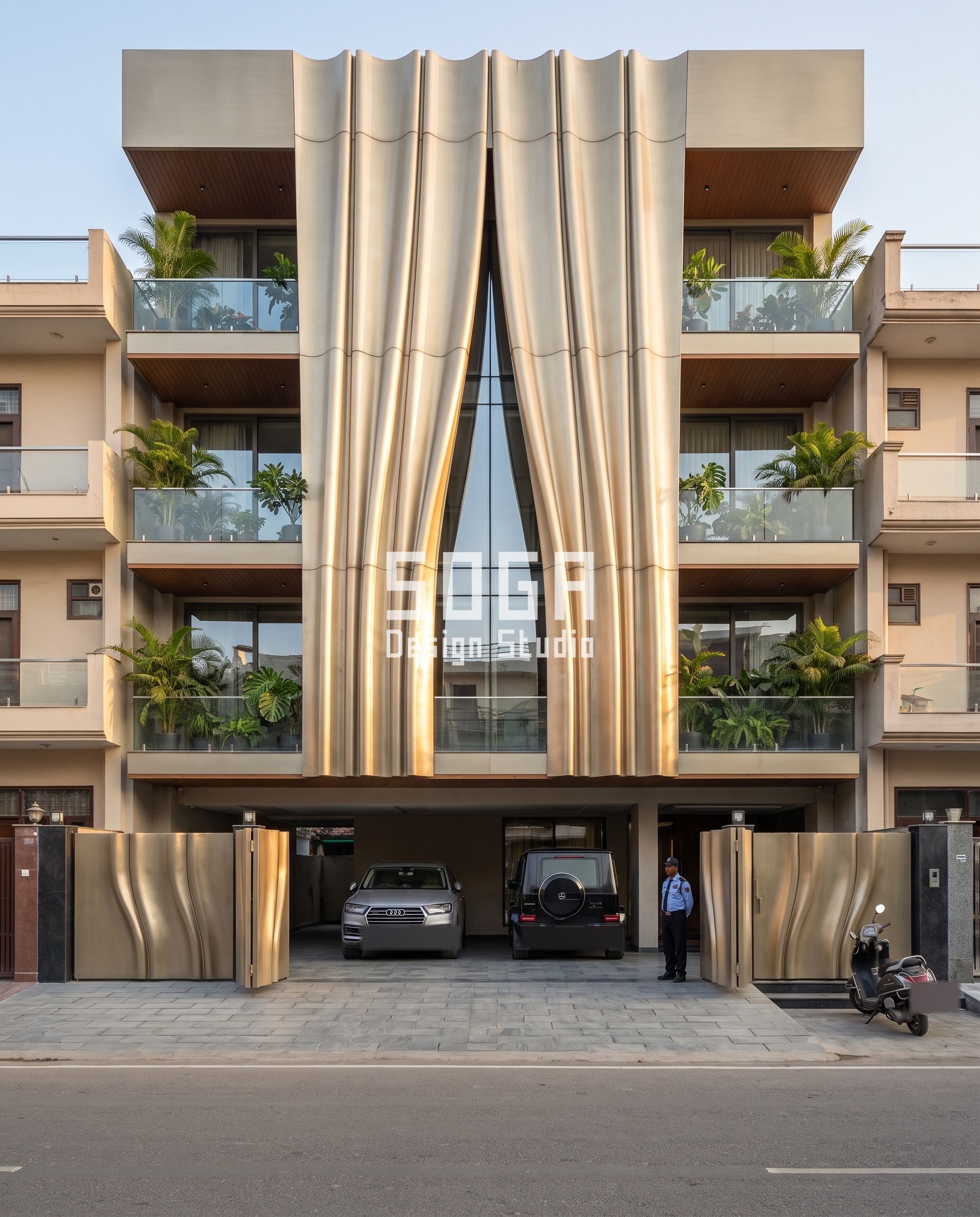 Fabric Drape / Curtain / Smooth champagne facade, Lucknow - SOGA Design Studio