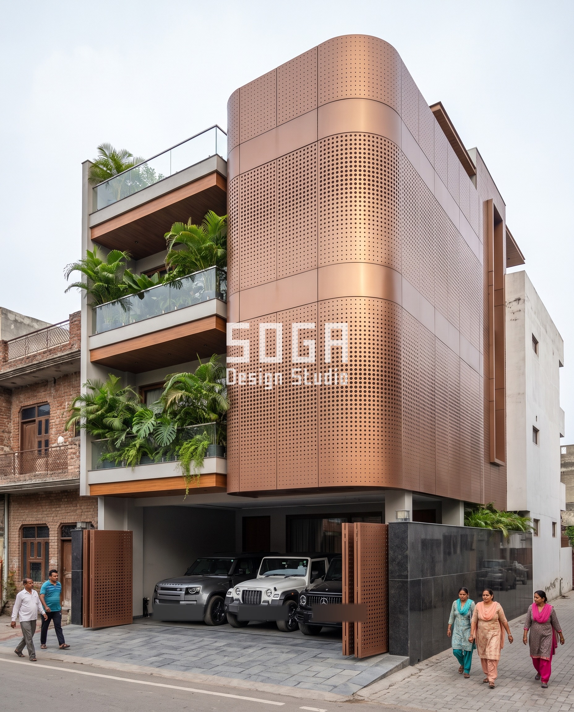 Shingle Skin Sculpture / Perforated copper bronze facade, Ludhiana - SOGA Design Studio