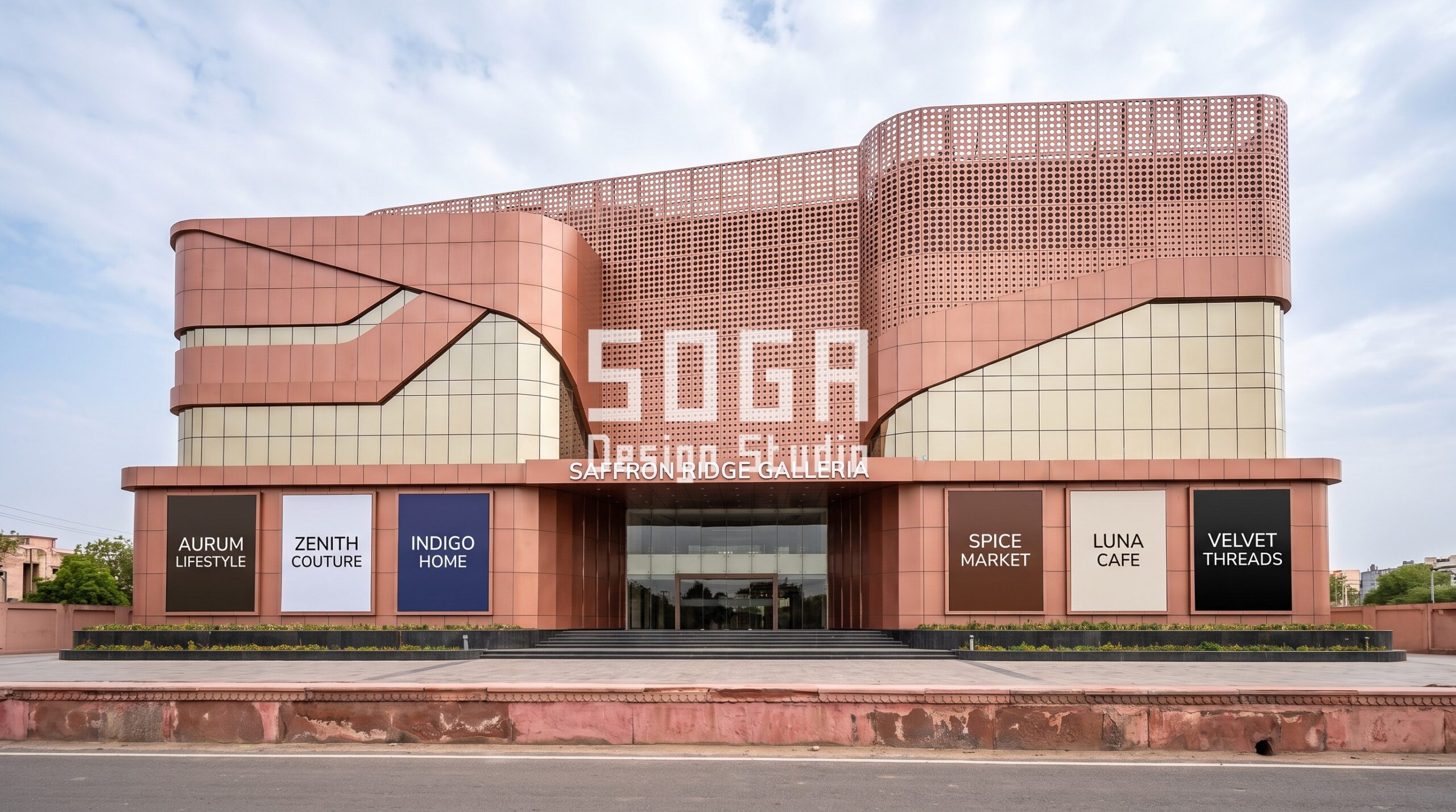 Parametric glass and metal Indian mall facades: 8 concepts 2 Saffron Ridge Galleria Jaipur: copper-rose perforated steel jali screen over cream glass
