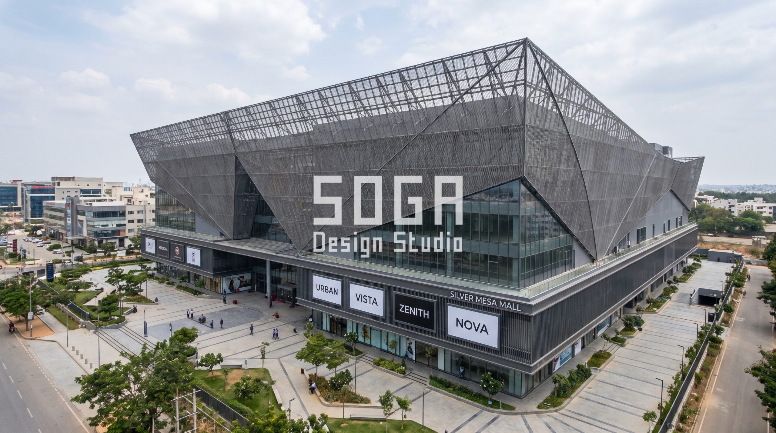 Parametric glass and metal Indian mall facades: 8 concepts 6 Silver Mesa Mall Bengaluru: gunmetal diagonal steel mesh sloping back at the roof