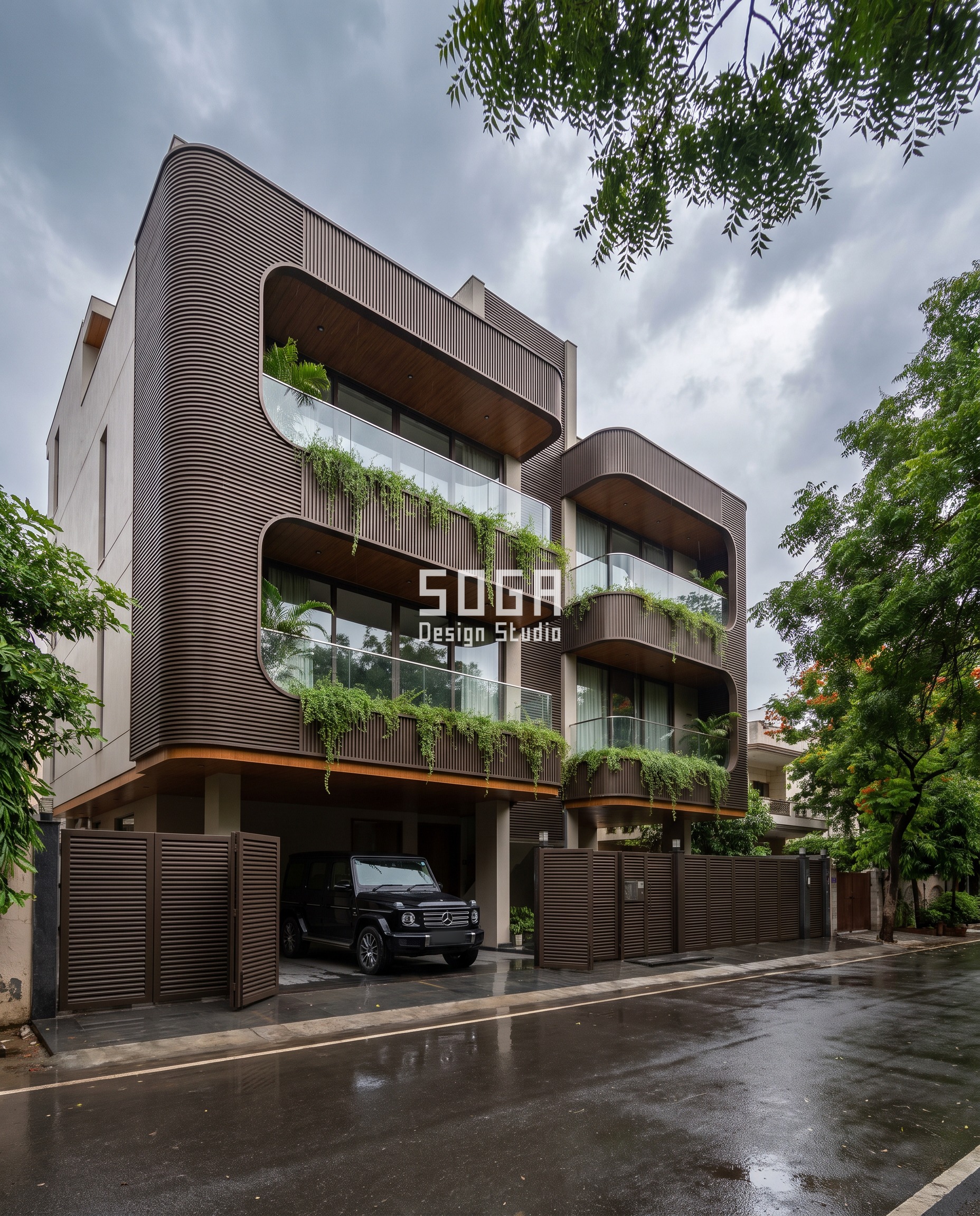 Parametric facade design in South Delhi: bold C-shaped dark bronze ribbed aluminium bands wrap each two-storey block of this G+3 builder-floor residence in alternating directions, the screening dropping from 85-90% solid at the base to 45-50% open inside a 14m oval ring higher up the face.
