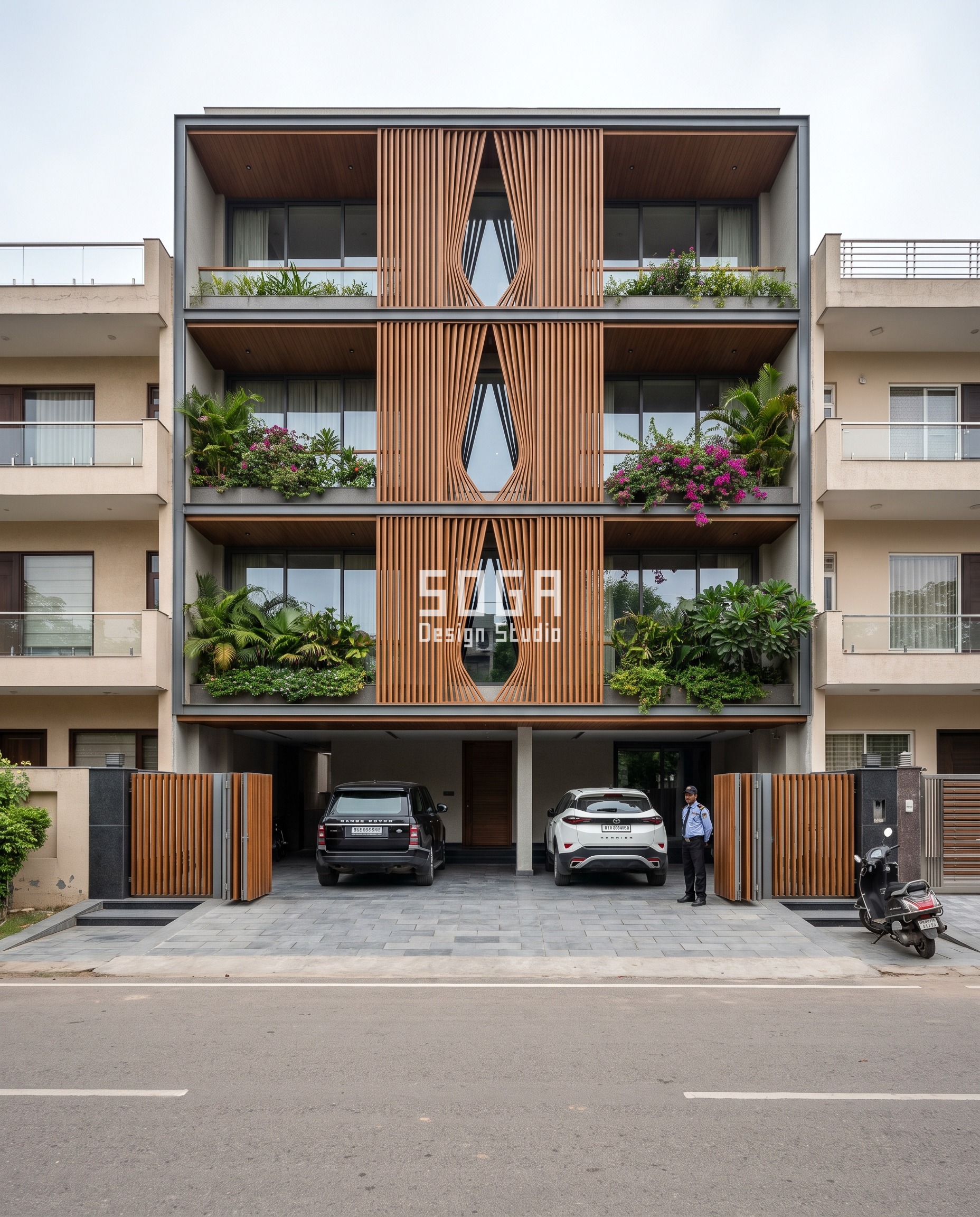 Five Balcony Facades, Five Screens: One G+3 Band, Five Moves 2 Ghoonghat Residence, Chandigarh: teak wood-finish aluminium louvres in front of the balconies, a teardrop window cut through the louvre and hanging planters
