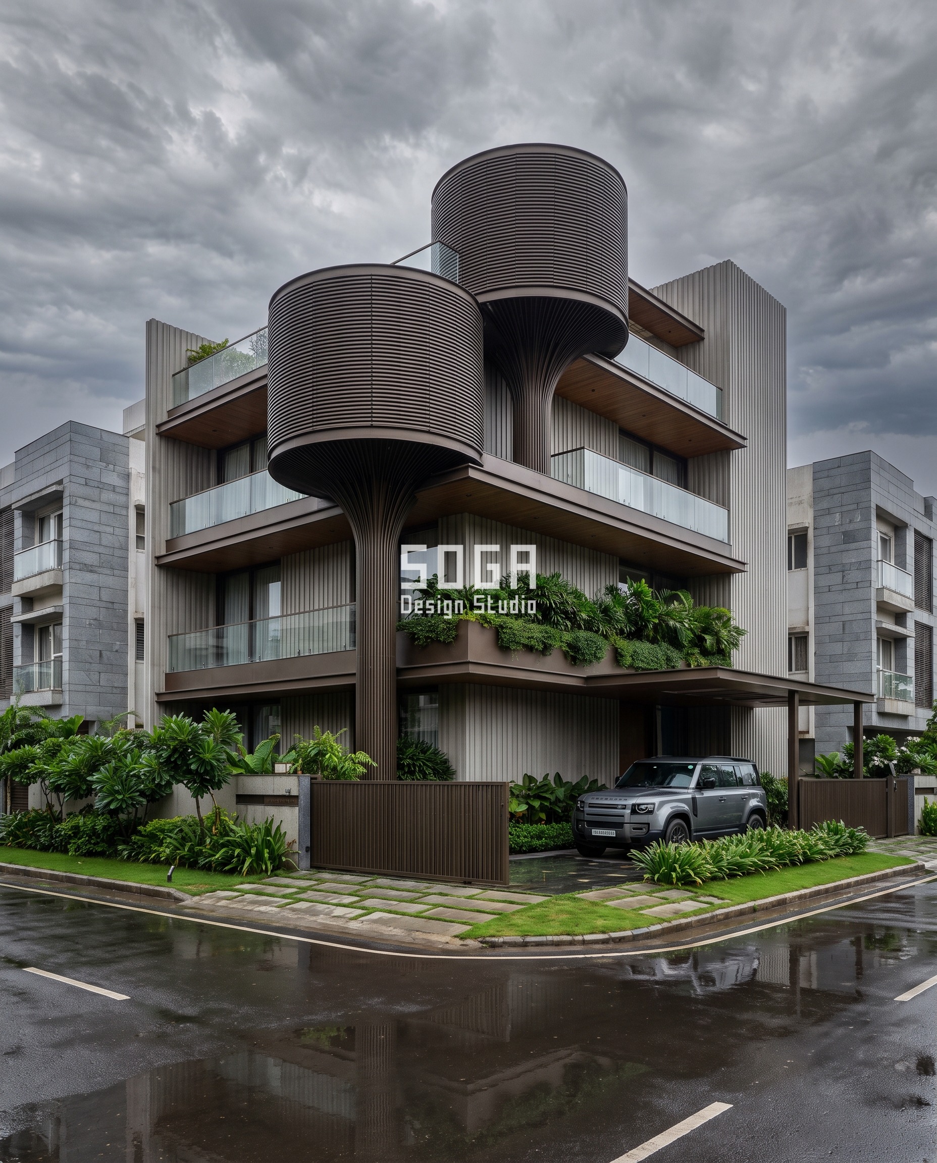 Five Balcony Facades, Five Screens: One G+3 Band, Five Moves 5 Kalpavriksh Villa, Indore: dark bronze ribbed slats across the front with round planter pods on flared stems rising from the balconies