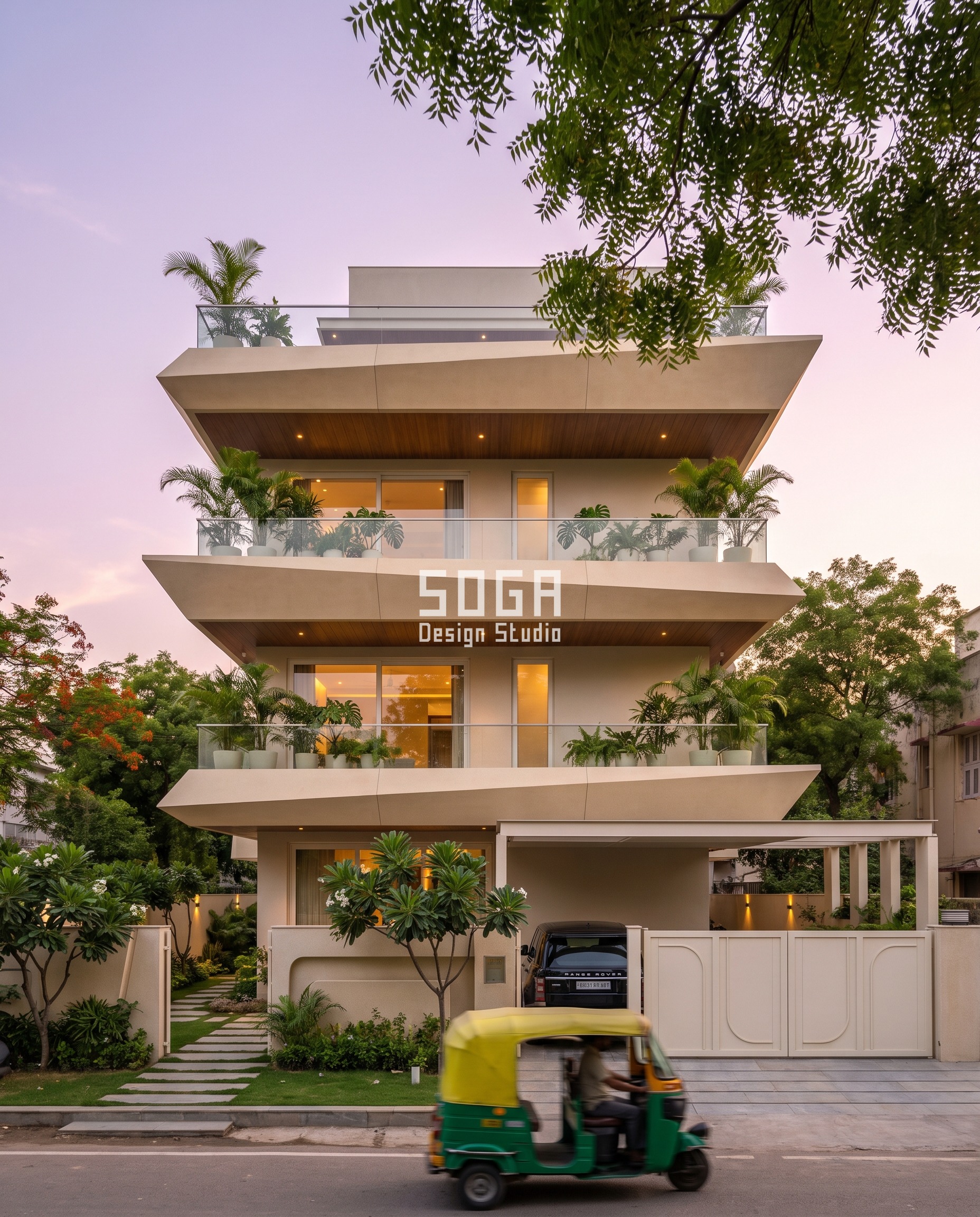 Five Balcony Facades, Five Screens: One G+3 Band, Five Moves 2 Shikhar Kothi, Jaipur: cream stepped cantilever terraces with wood-tone soffits, a planter on each terrace and palms in front