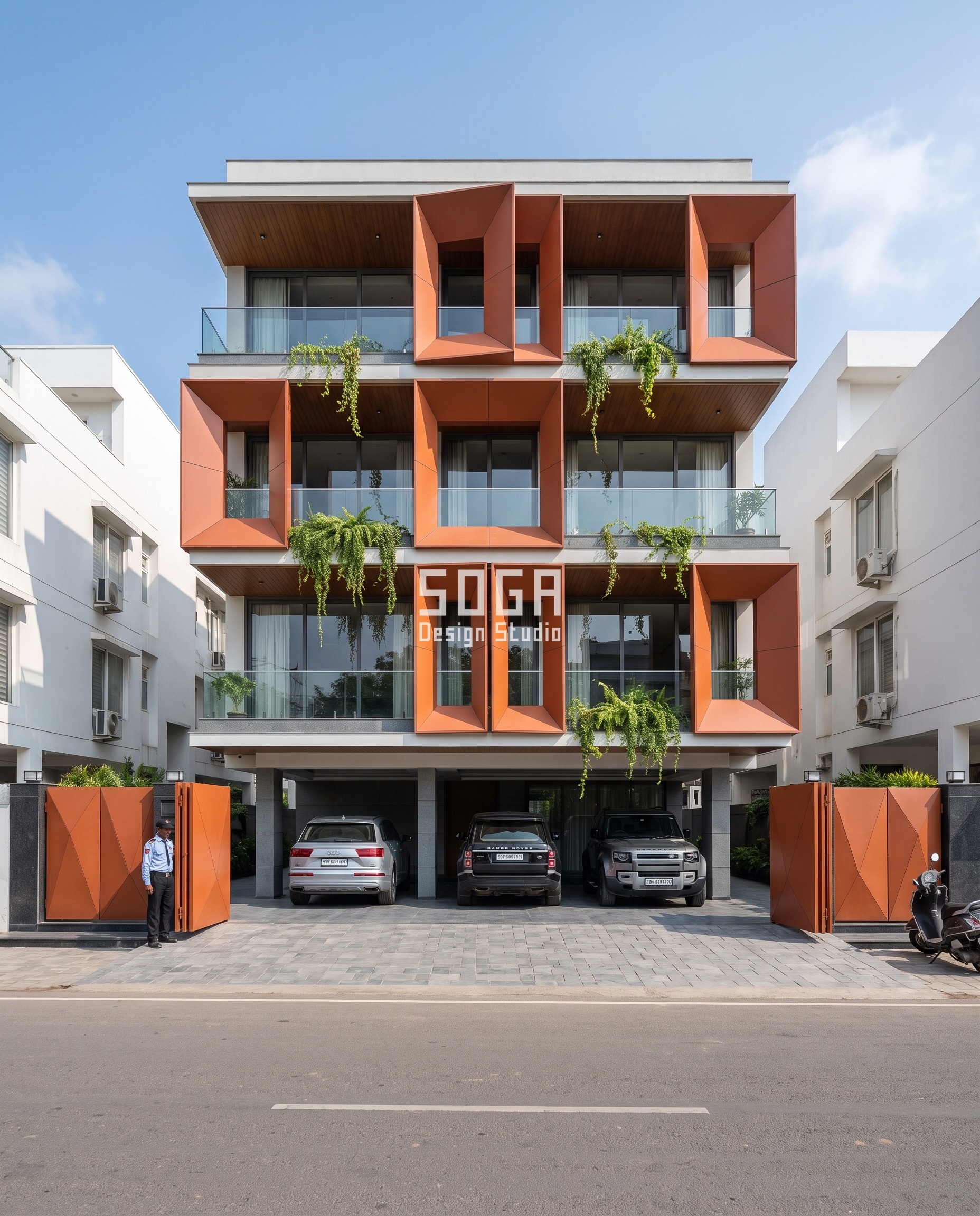 Five Balcony Facades, Five Screens: One G+3 Band, Five Moves 3 Origami House, Lucknow: burnt-orange frames folded out from the facade, one per floor, with balconies and hanging plants inside each fold