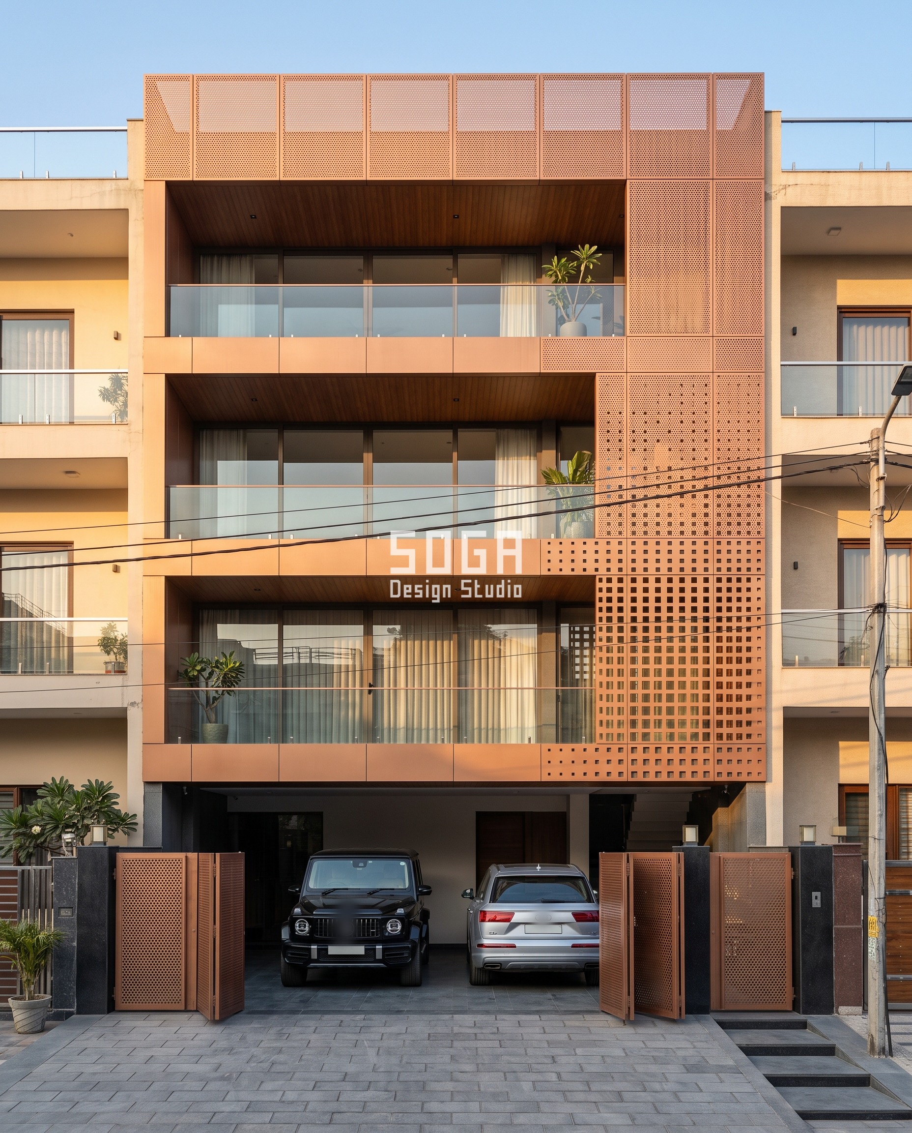 Five Balcony Facades, Five Screens: One G+3 Band, Five Moves 4 Pankh Residence, Ludhiana: copper-toned panels perforated in a grid, solid top band, larger square cut-outs in the lower right where the balcony glass shows through