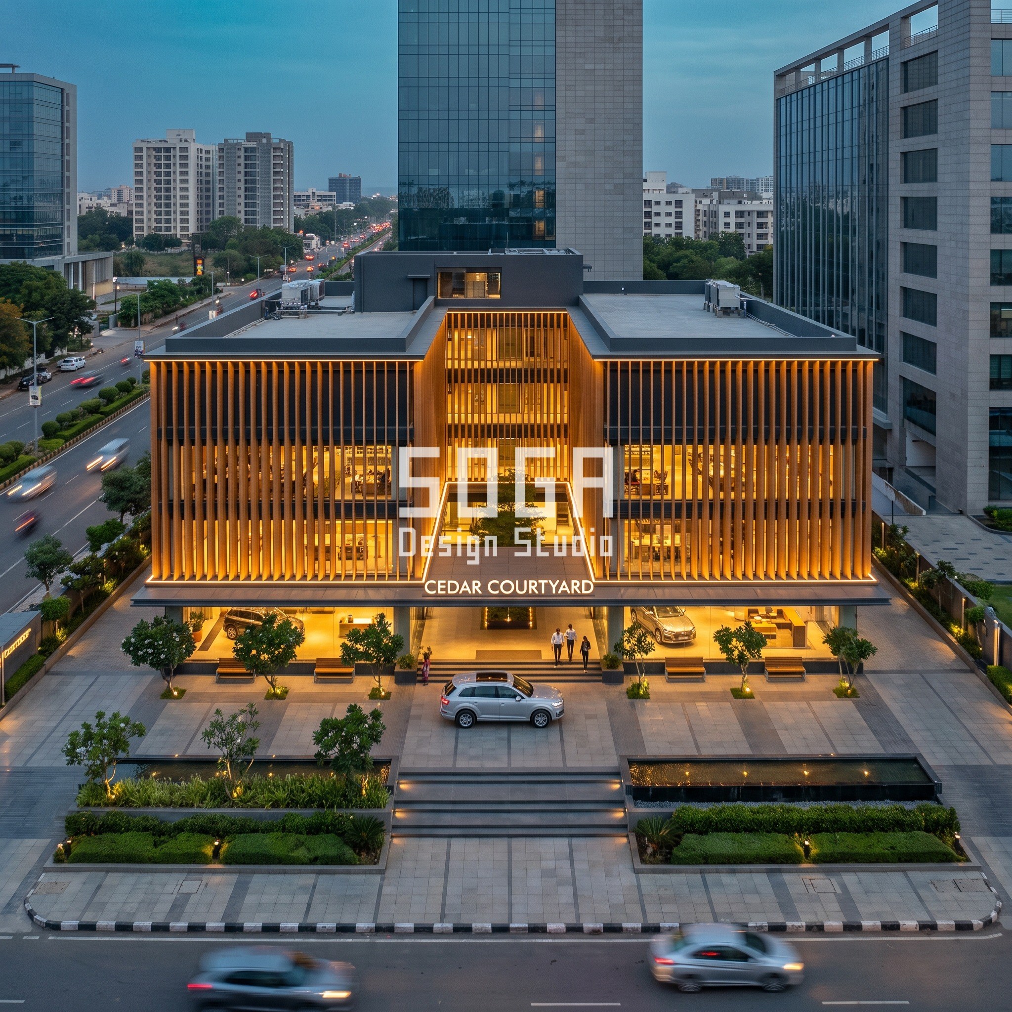 Banquet Hall & Wedding Venue Facade Design India 4 Cedar Courtyard furniture showroom Nagpur with carved void timber-look slat screen