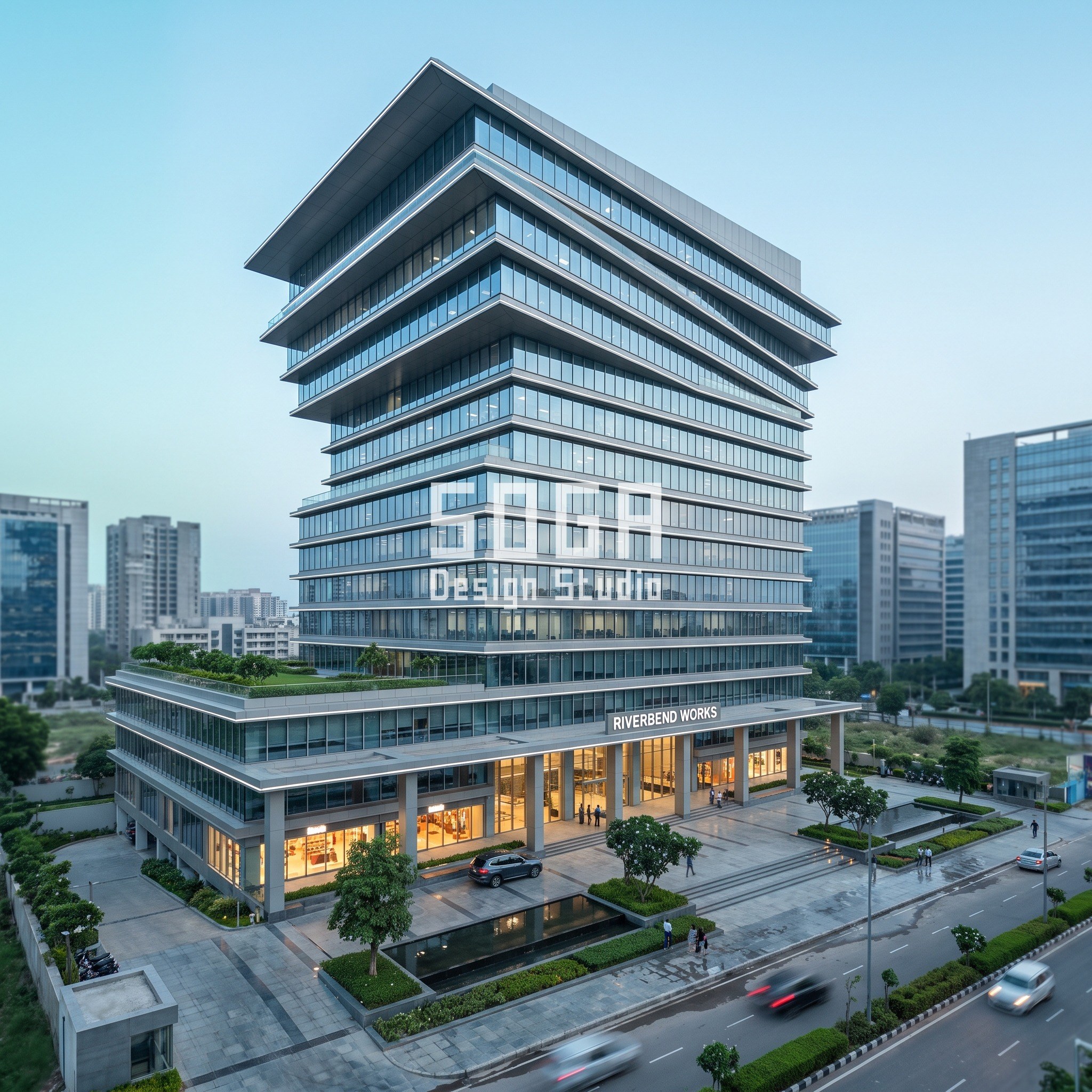 Banquet Hall & Wedding Venue Facade Design India 2 Riverbend Works office tower Lucknow with cantilevering floor plate facade