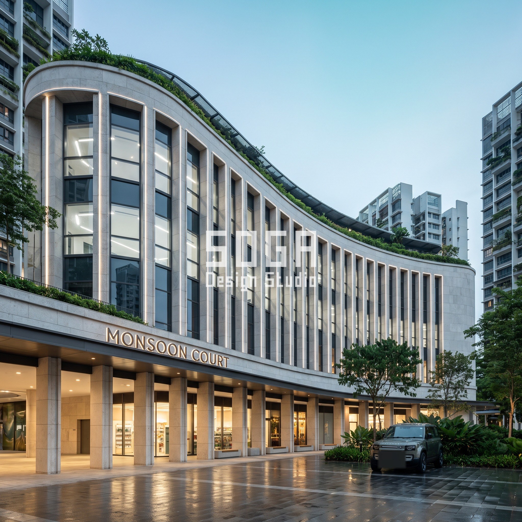 Banquet Hall & Wedding Venue Facade Design India 5 Monsoon Court retail mall Singapore with curved stone pier parametric facade