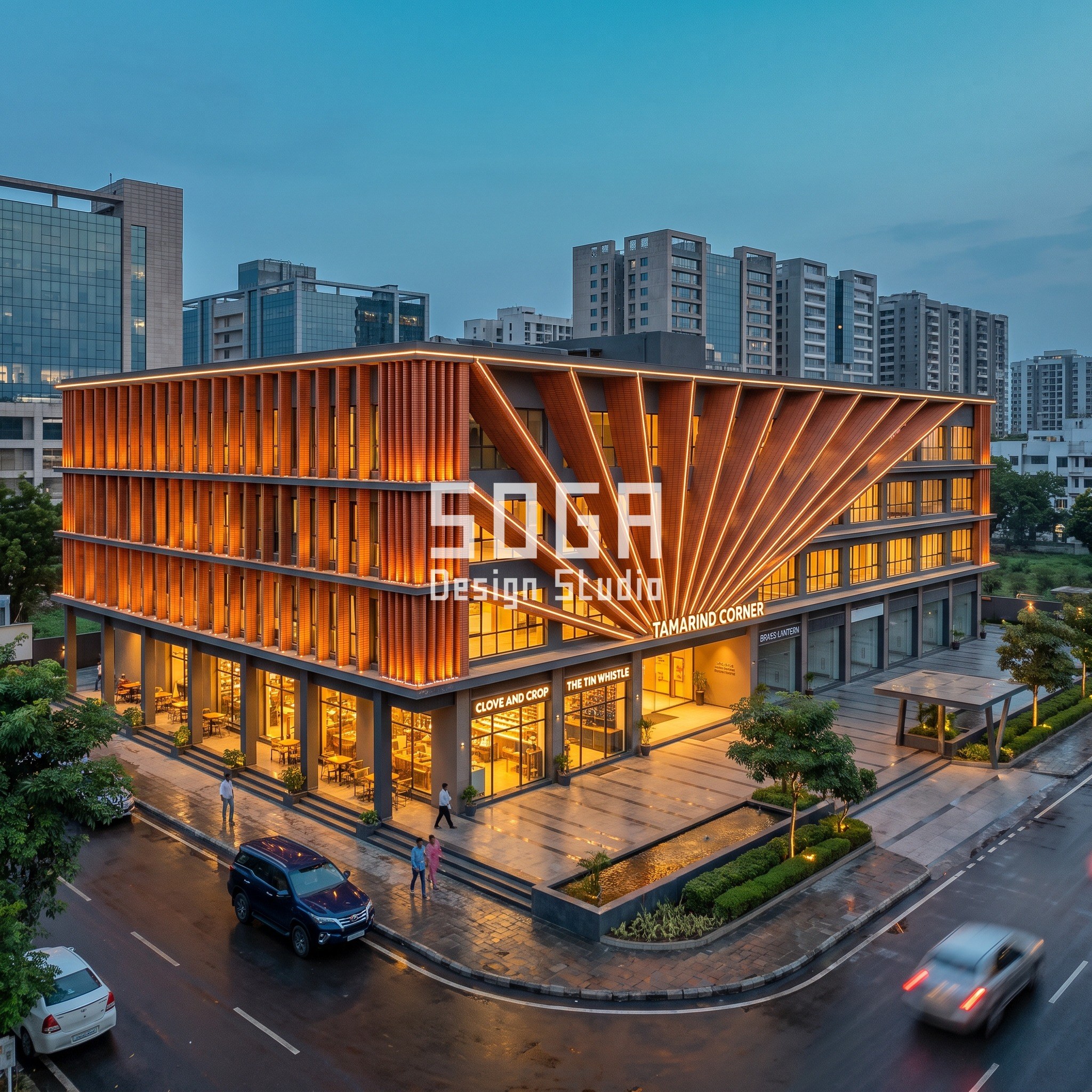 Banquet Hall & Wedding Venue Facade Design India 3 Tamarind Corner retail block Indore with radial terracotta baguette fan screen