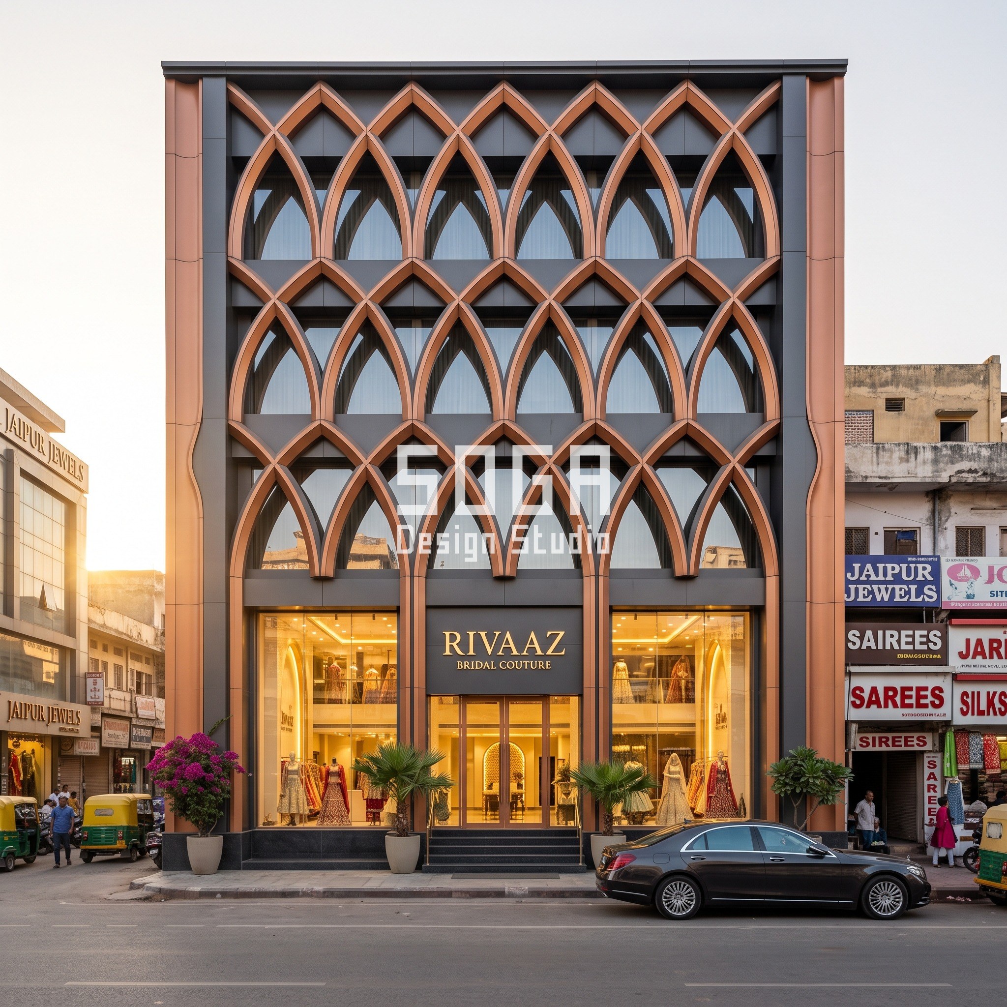Bridal Couture Showroom Facade Design India: 5 Concepts 1 Rivaaz Bridal Couture flagship showroom facade with Mughal-inspired rib-vault arcade, Jaipur