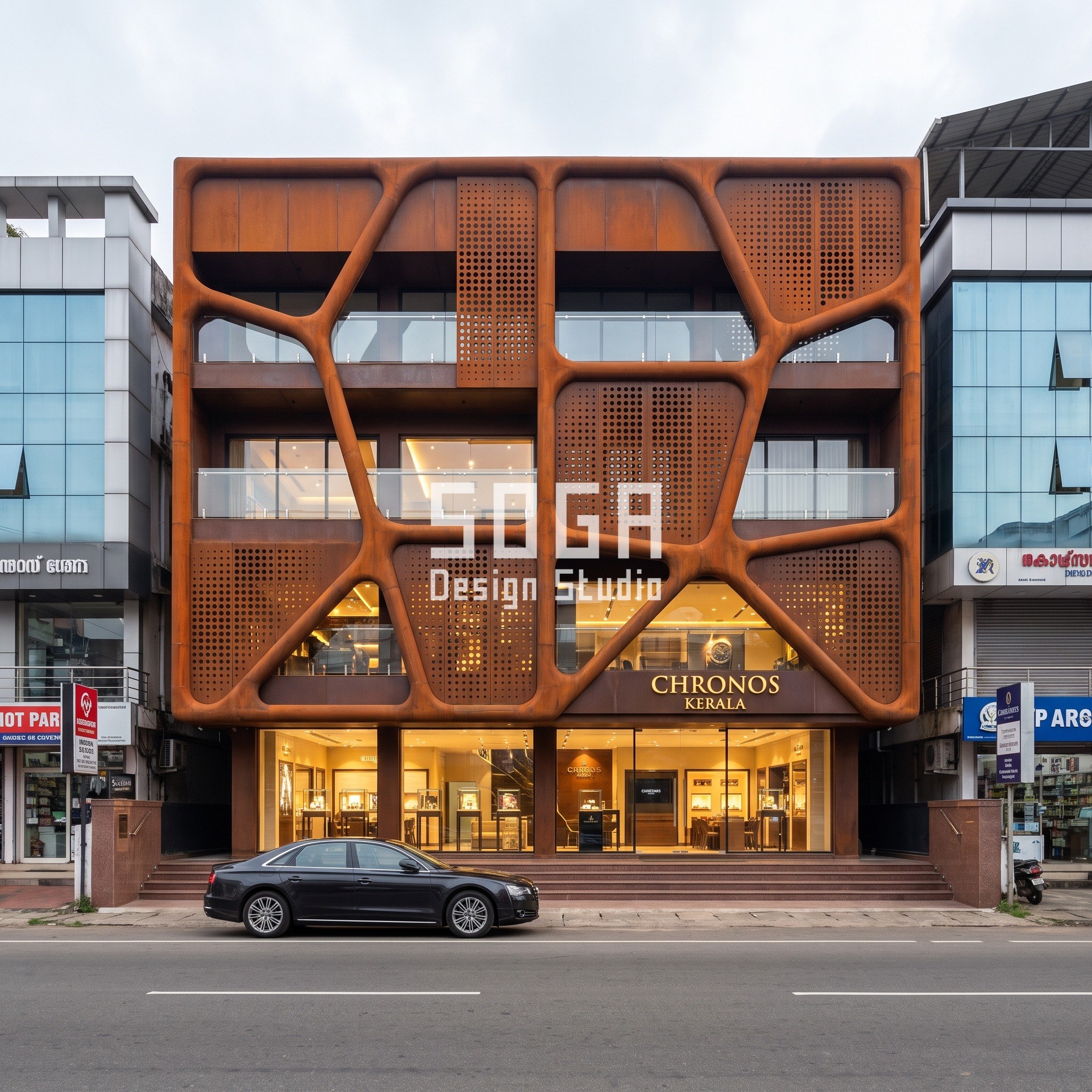 Bridal Couture Showroom Facade Design India: 5 Concepts 3 Ashma Flagship watch showroom facade with branching corten lattice screen, Kochi