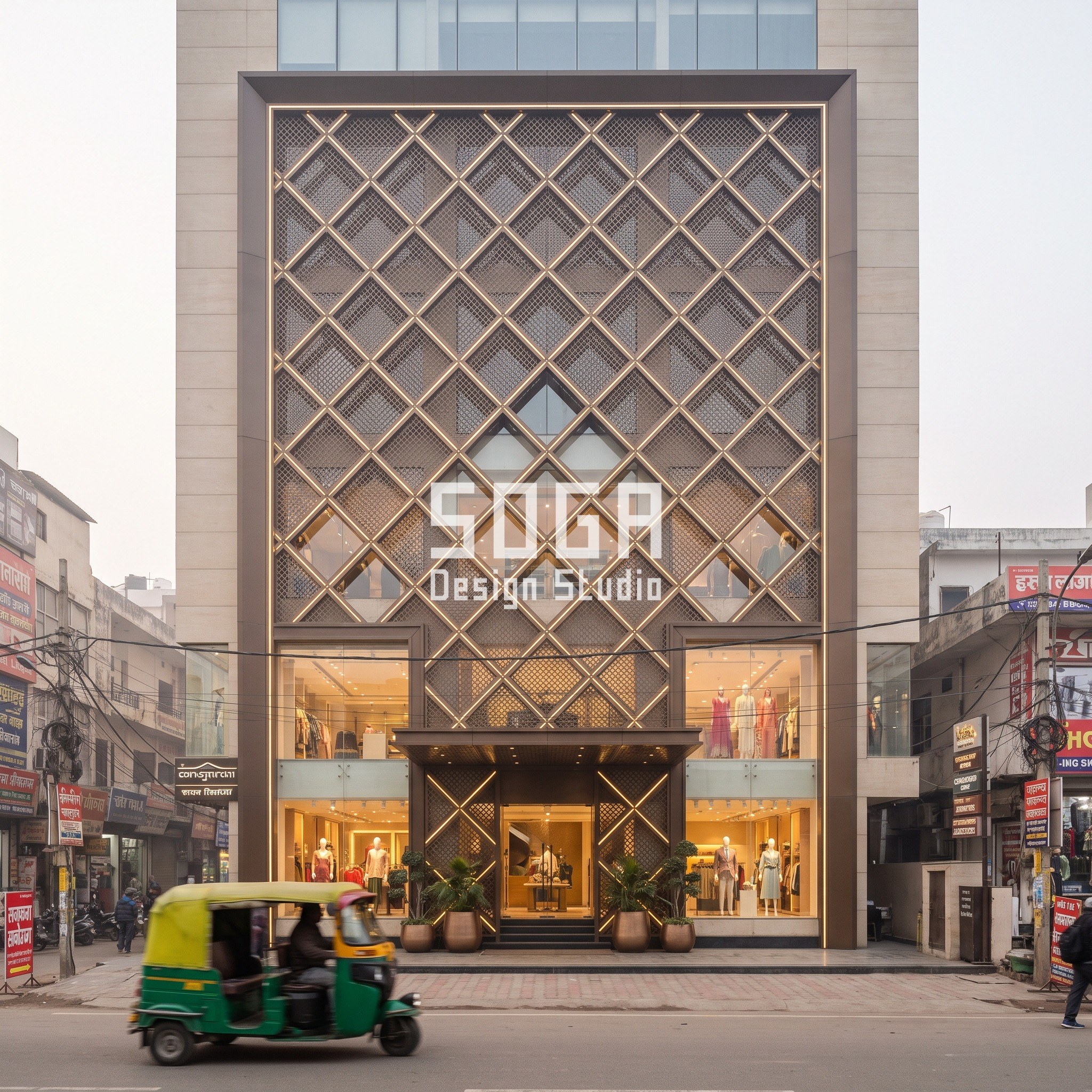 Bridal Couture Showroom Facade Design India: 5 Concepts 4 Chitra Arcade mixed-use building facade with diamond jaali screen and LED joints, Noida