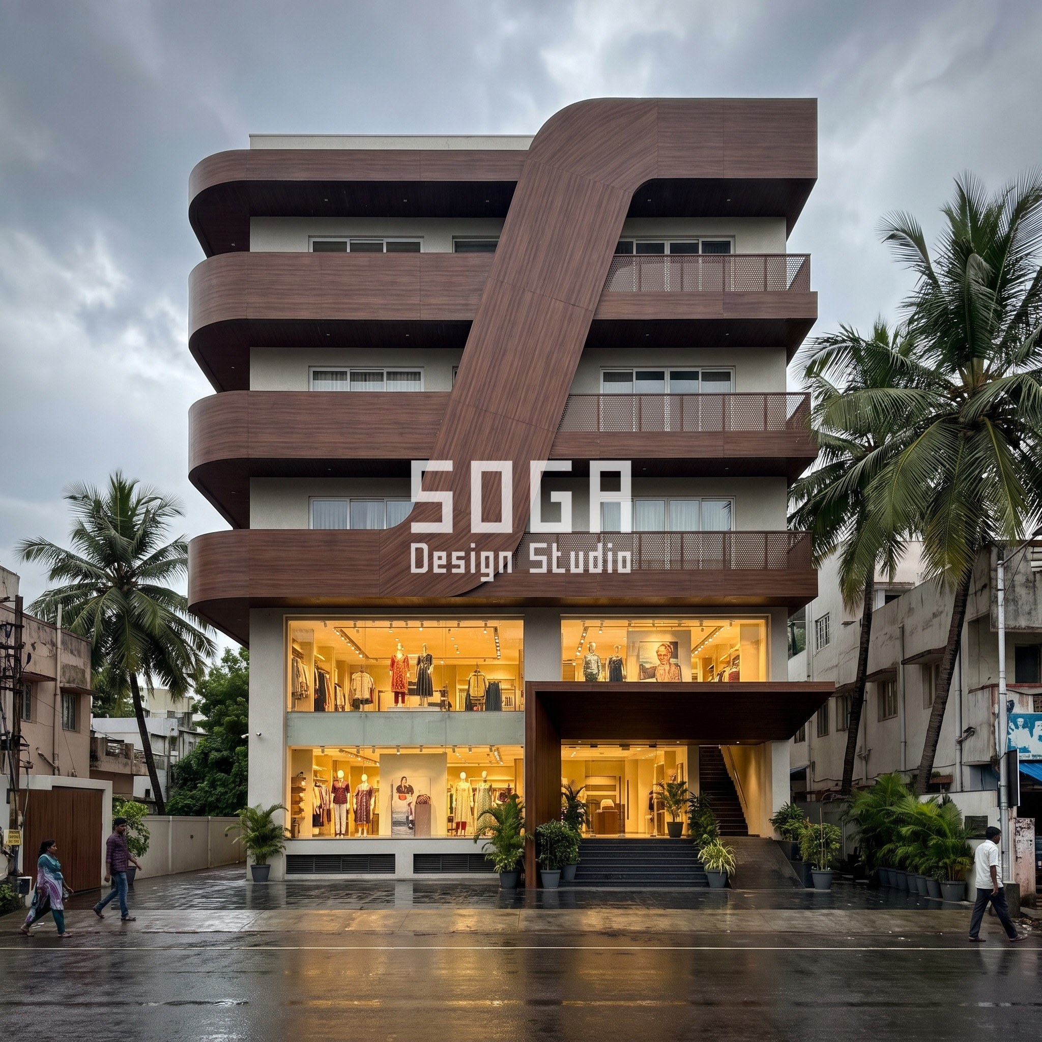 Bridal Couture Showroom Facade Design India: 5 Concepts 2 Dhaaga Plaza mixed-use building facade with sweeping walnut S-ribbon balconies, Chennai