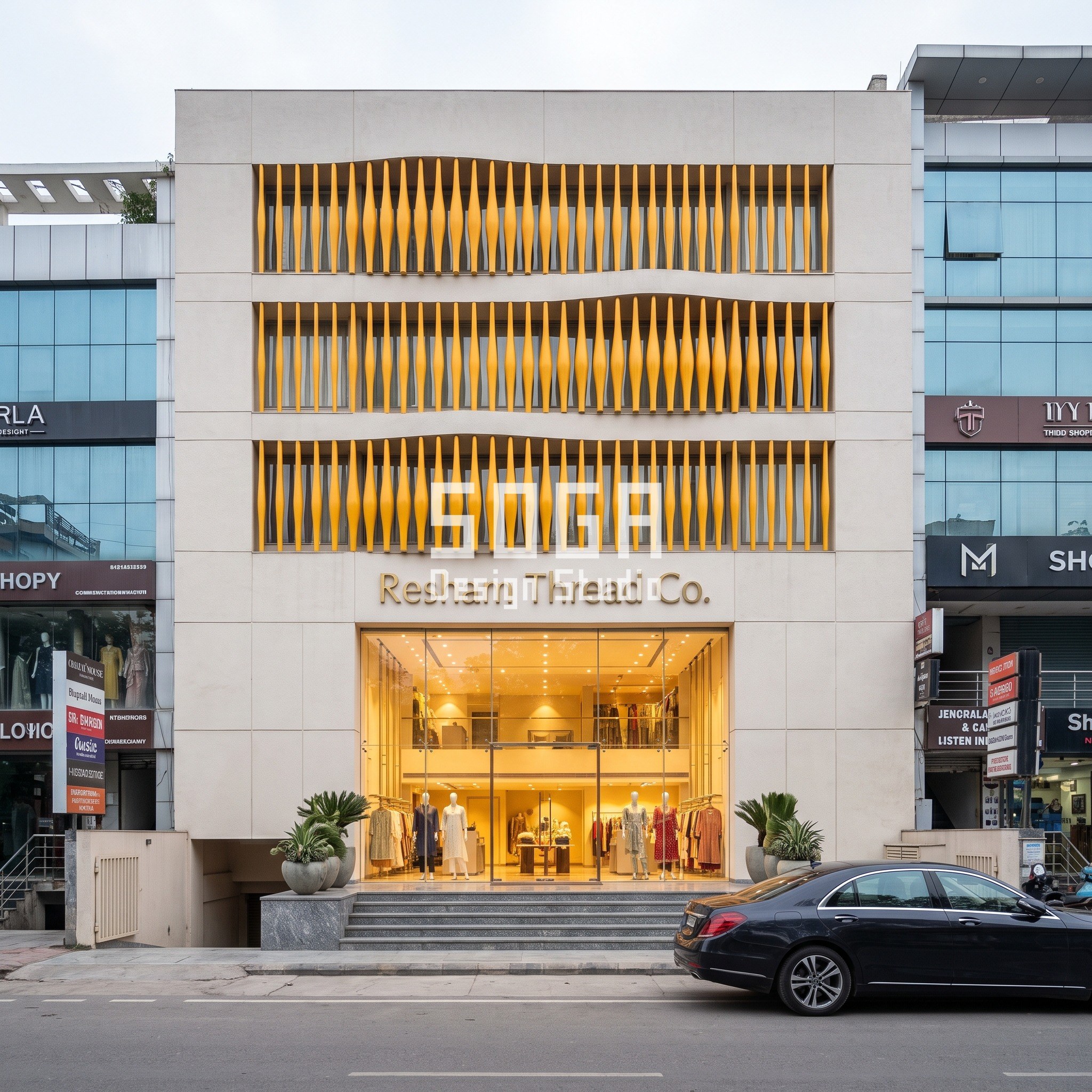 Bridal Couture Showroom Facade Design India: 5 Concepts 5 Resham Thread Co. fashion flagship facade with twisting saffron fin screen, South Delhi