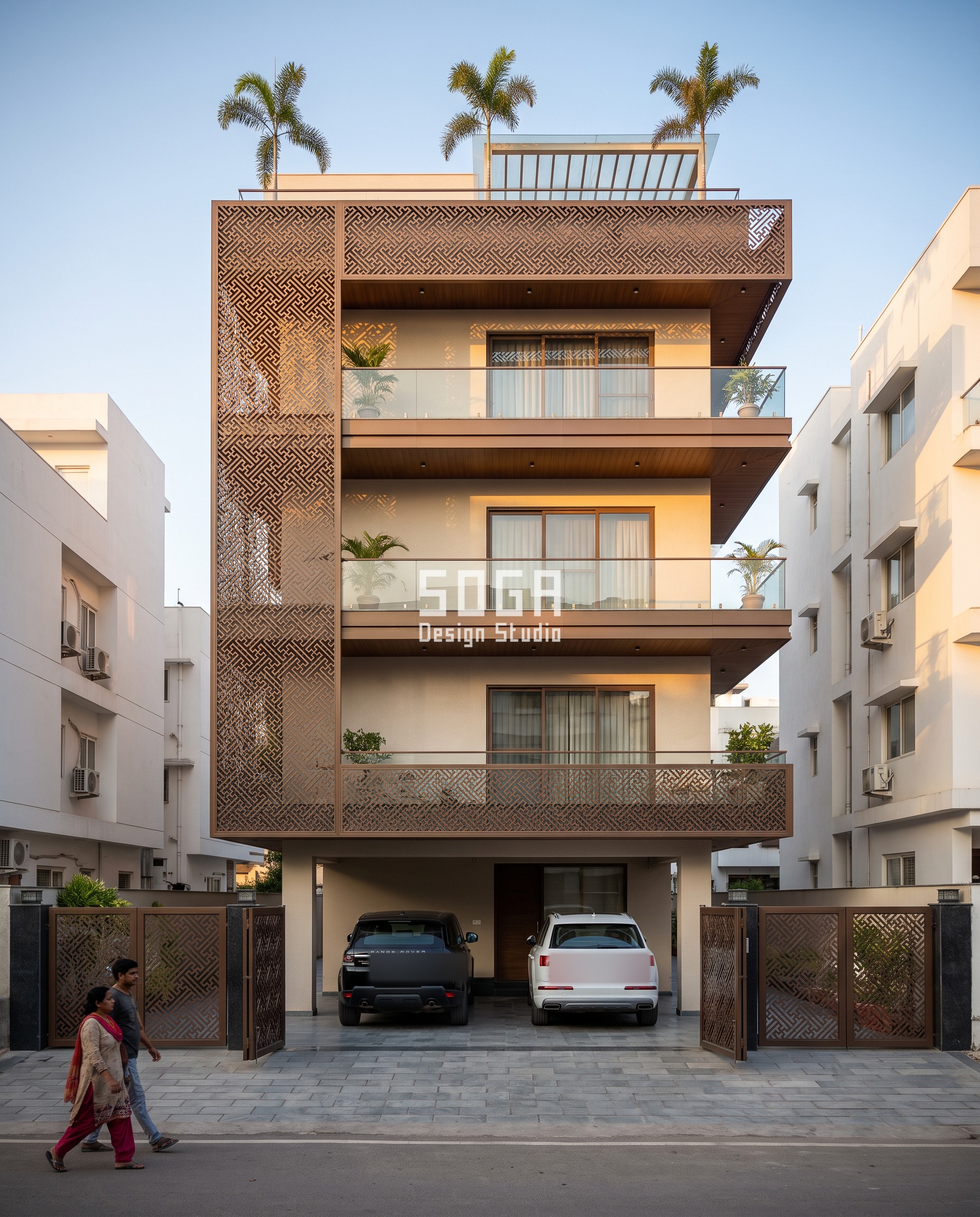 Continuous Facade Gesture: One Move Across Every Floor 5 One continuous facade gesture across floors in India - a dark bronze C-frame jaali on this Jaipur corner house scales its pattern 150% from a dense base to an open top, perforation rising from 20% to 60%.