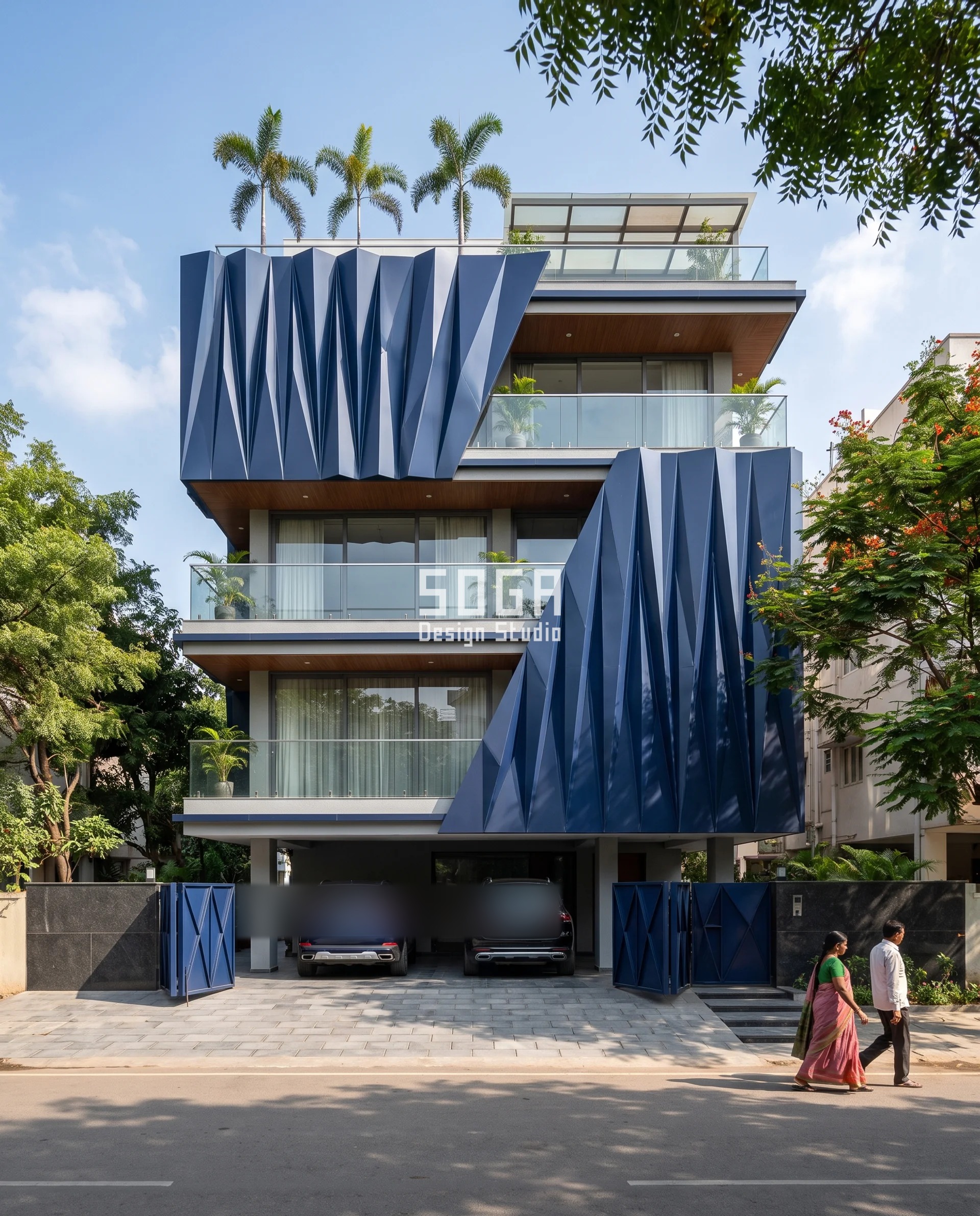 Car Porch Design House Facade India: The Module Rule 4 Car porch design in Hyderabad Jubilee Hills under a navy faceted skin that splits diagonally across the floors above the ground-level stilt parking