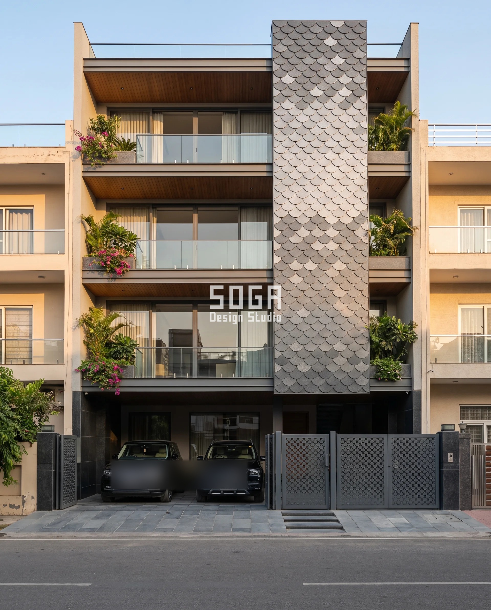 Car Porch Design House Facade India: The Module Rule 2 Car porch design in Jaipur beneath a graphite fish-scale shingle column that fades from dark scales at the base to bright metallic scales at the top of this house facade