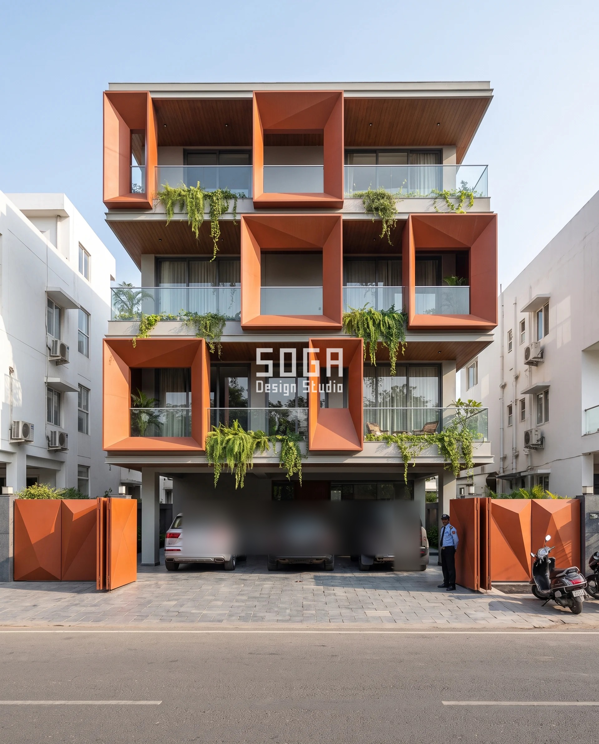 Car Porch Design House Facade India: The Module Rule 1 Car porch design in Lucknow framed by burnt-orange origami window boxes that tilt 4 to 24 degrees above the open stilt parking of this G+3 builder-floor facade