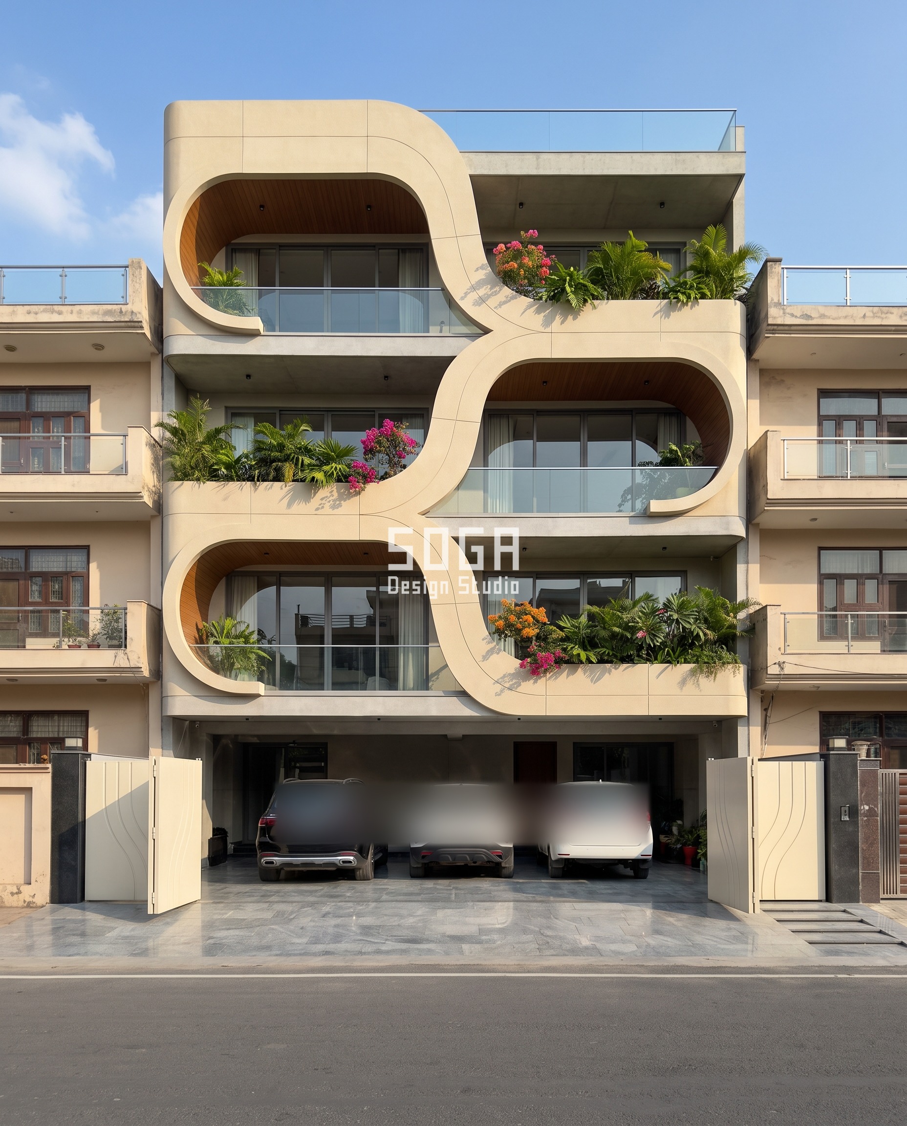 Car Porch Design House Facade India: The Module Rule 3 Car porch design in Noida where an ivory-beige serpentine GFRC ribbon wraps each floor into C-shaped balcony pockets above the open stilt parking