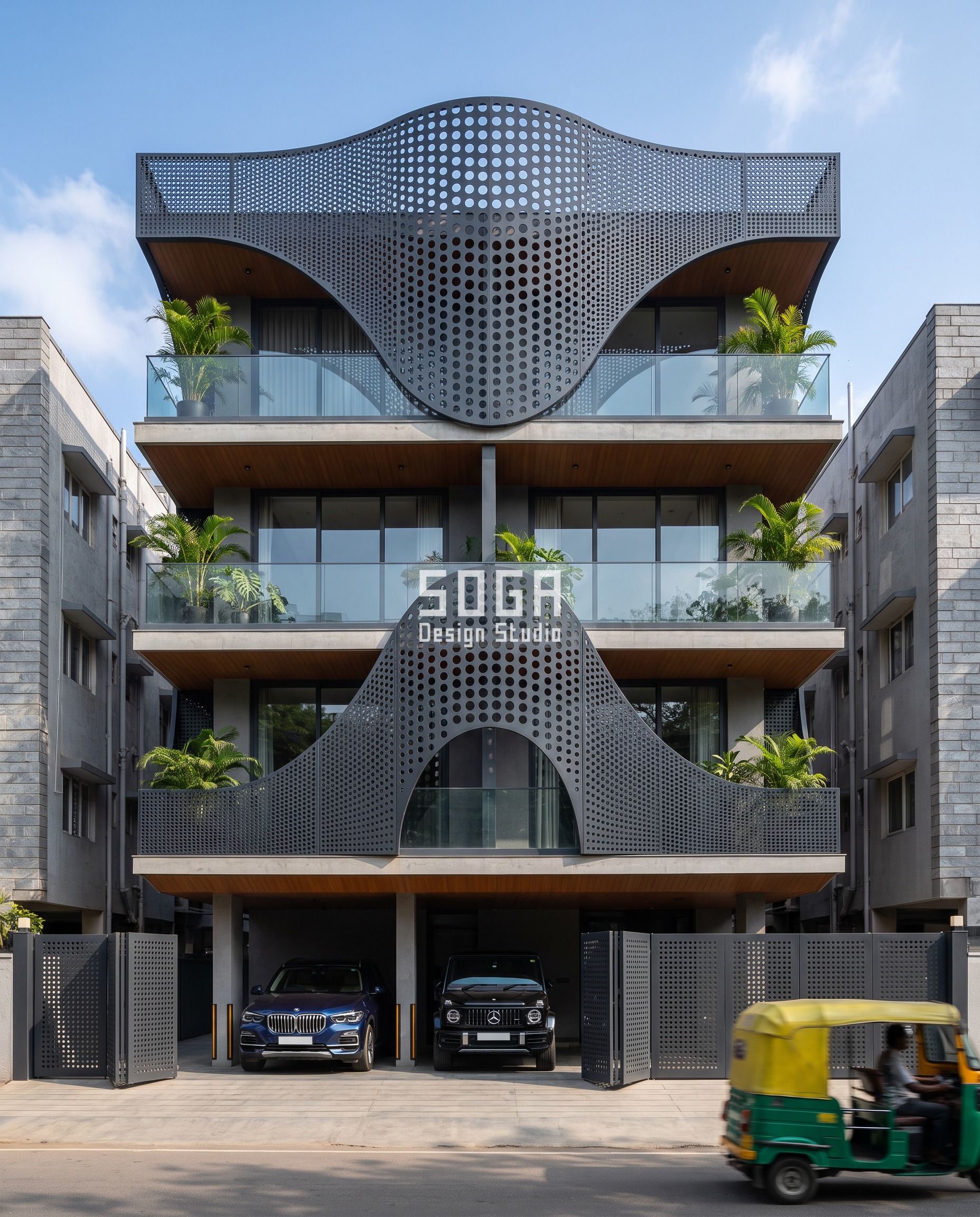 Facade Finish Options India: 5 Metal Systems Compared 2 Parametric facade design in Bengaluru (Indiranagar): matte charcoal-anthracite perforated aluminium panels wrap this G+3 builder-floor residence in sweeping curves, the hole diameter grading from a fine 8mm mesh to large 65mm coin-sized voids across the wrap.