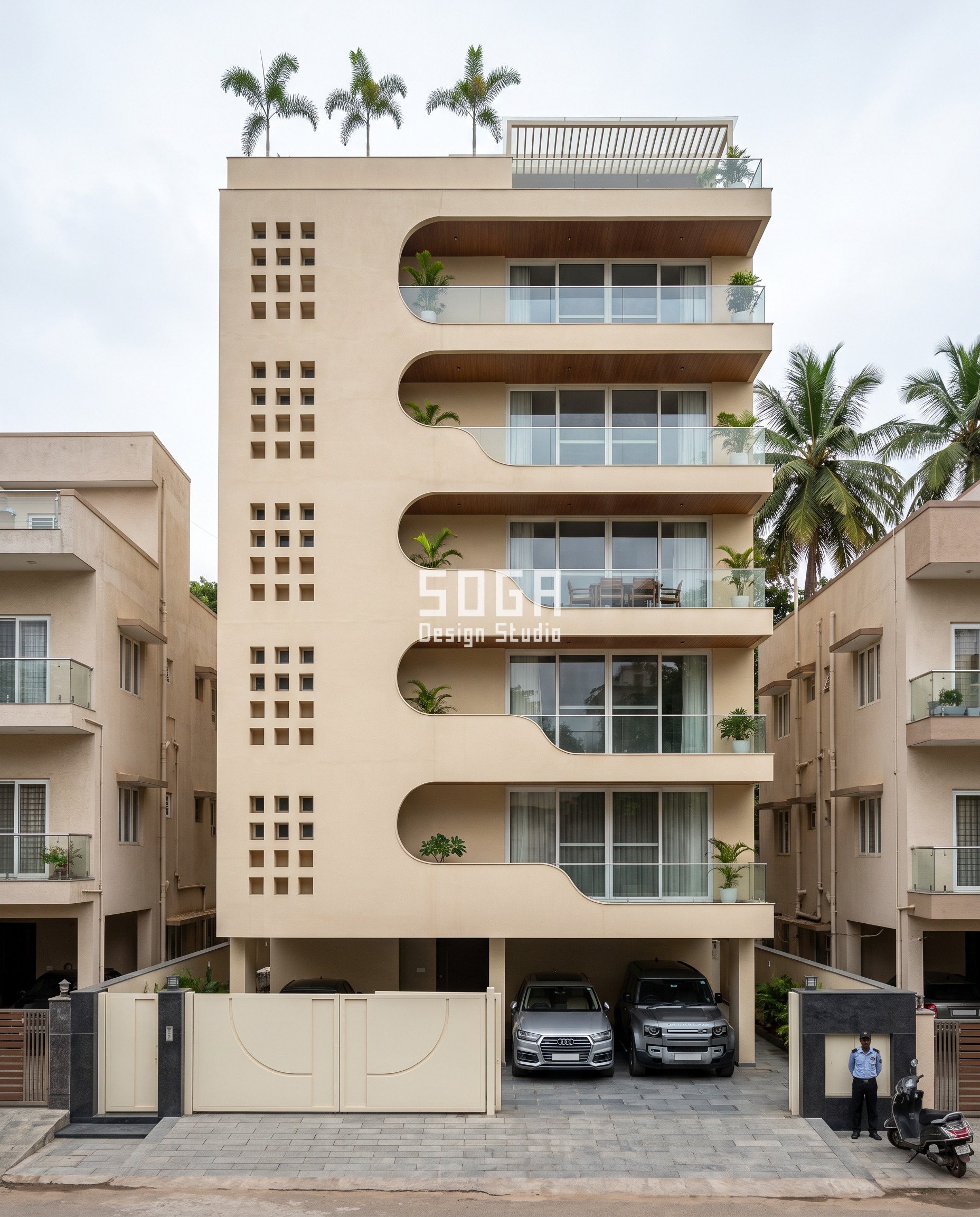 Parametric facade design in Bengaluru (Indiranagar): a thick ivory-beige GFRC monolith wall on this G+4 builder-floor residence is carved with organic balcony pockets that deepen floor by floor, from a shallow scoop at the ground and first floor to a far deeper recess by the third and fourth, a 3x spread.