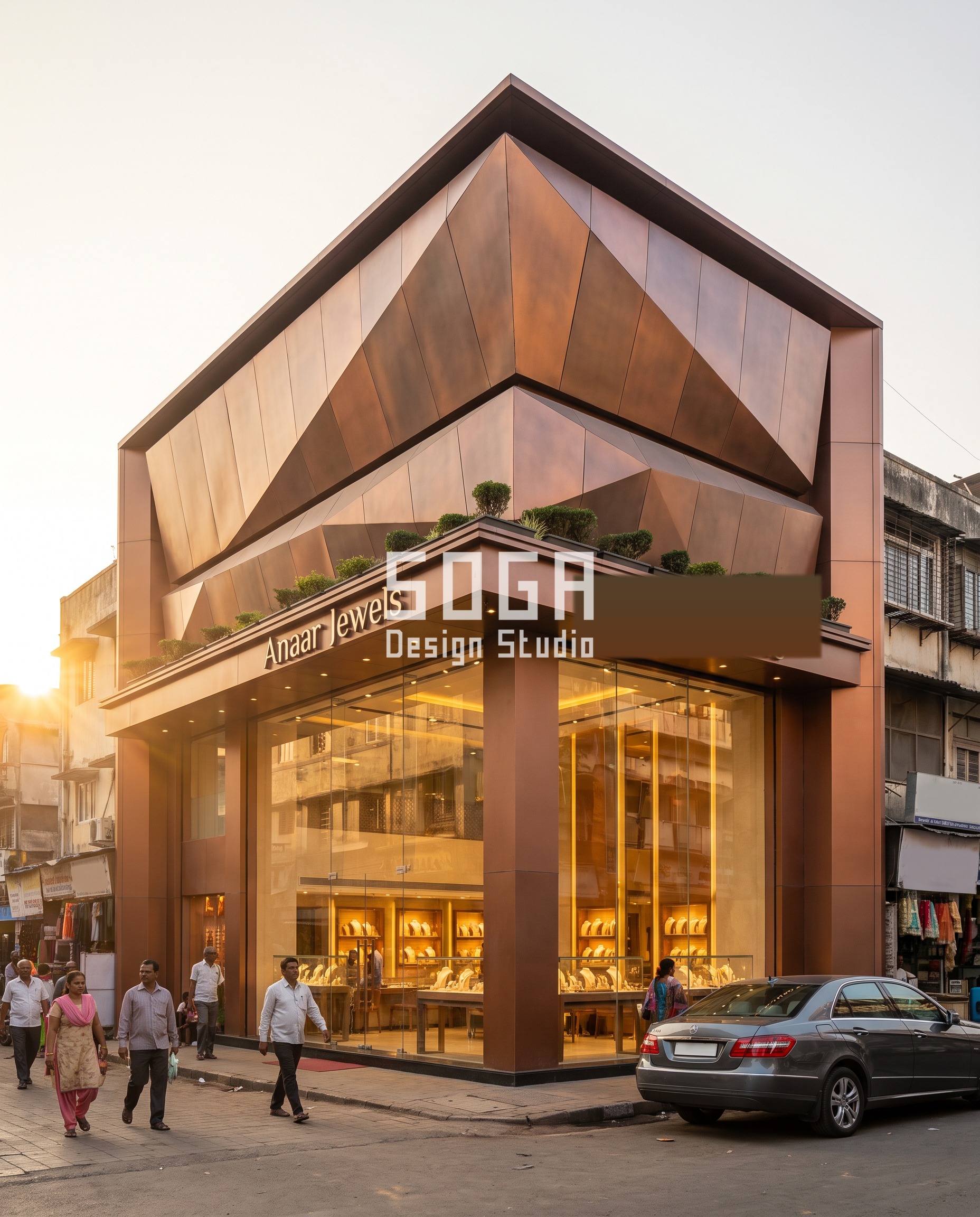 Facade Cladding Rate Card: Cost by City & Material 3 Patinated copper-bronze jewellery showroom facade concept for Anaar Jewels in Mumbai, with hard-edged faceted panel trays rotating from 3 to 38 degrees and projecting from 80mm to 720mm, illustrating the premium-tier facade cladding rate in this cost comparison