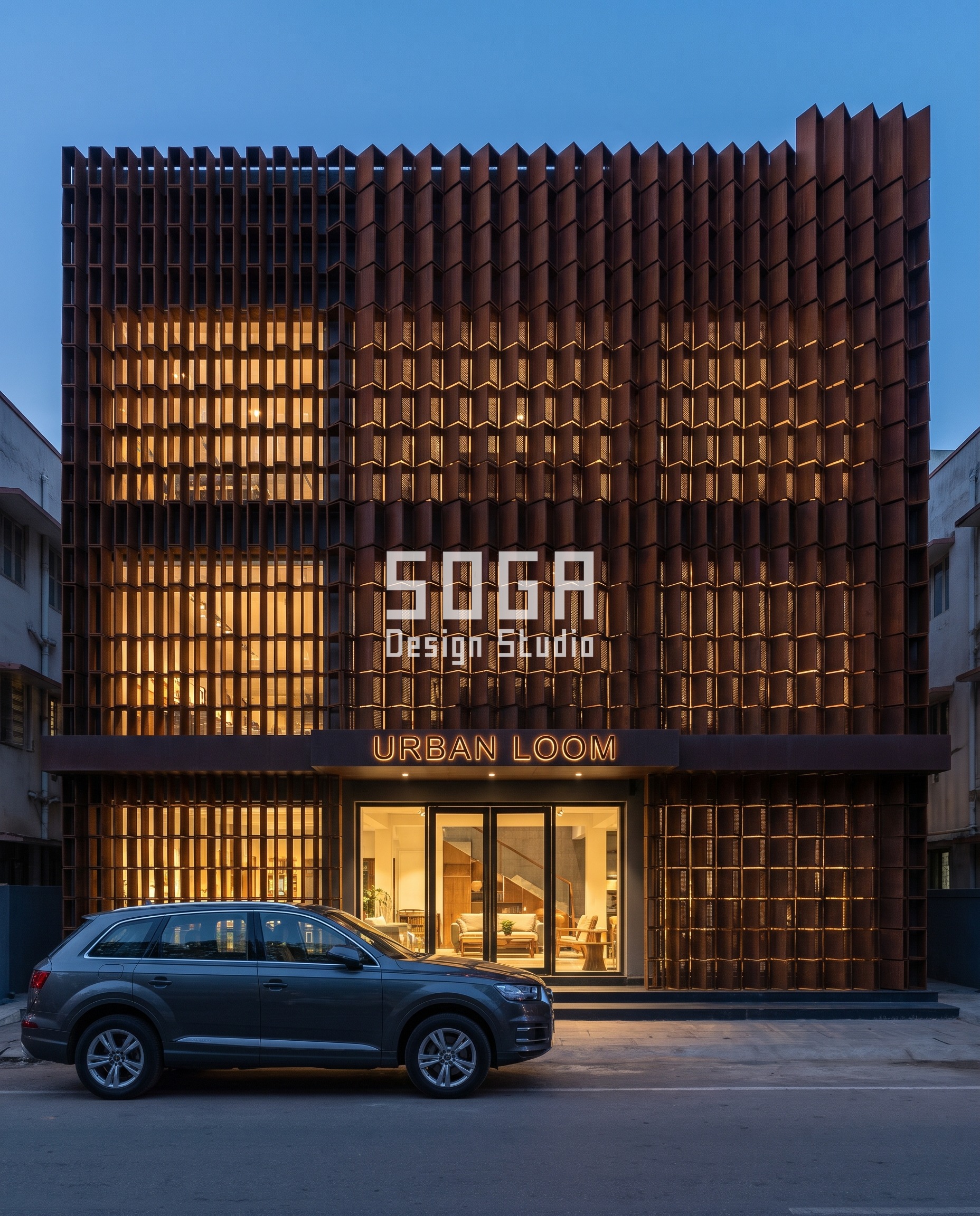 Facade Cladding Rate Card: Cost by City & Material 2 Corten-finish weathering steel showroom facade concept for Urban Loom in Bangalore, with box-fin projection depth sweeping from 120mm to 980mm, illustrating the mid-tier facade cladding rate in this cost comparison