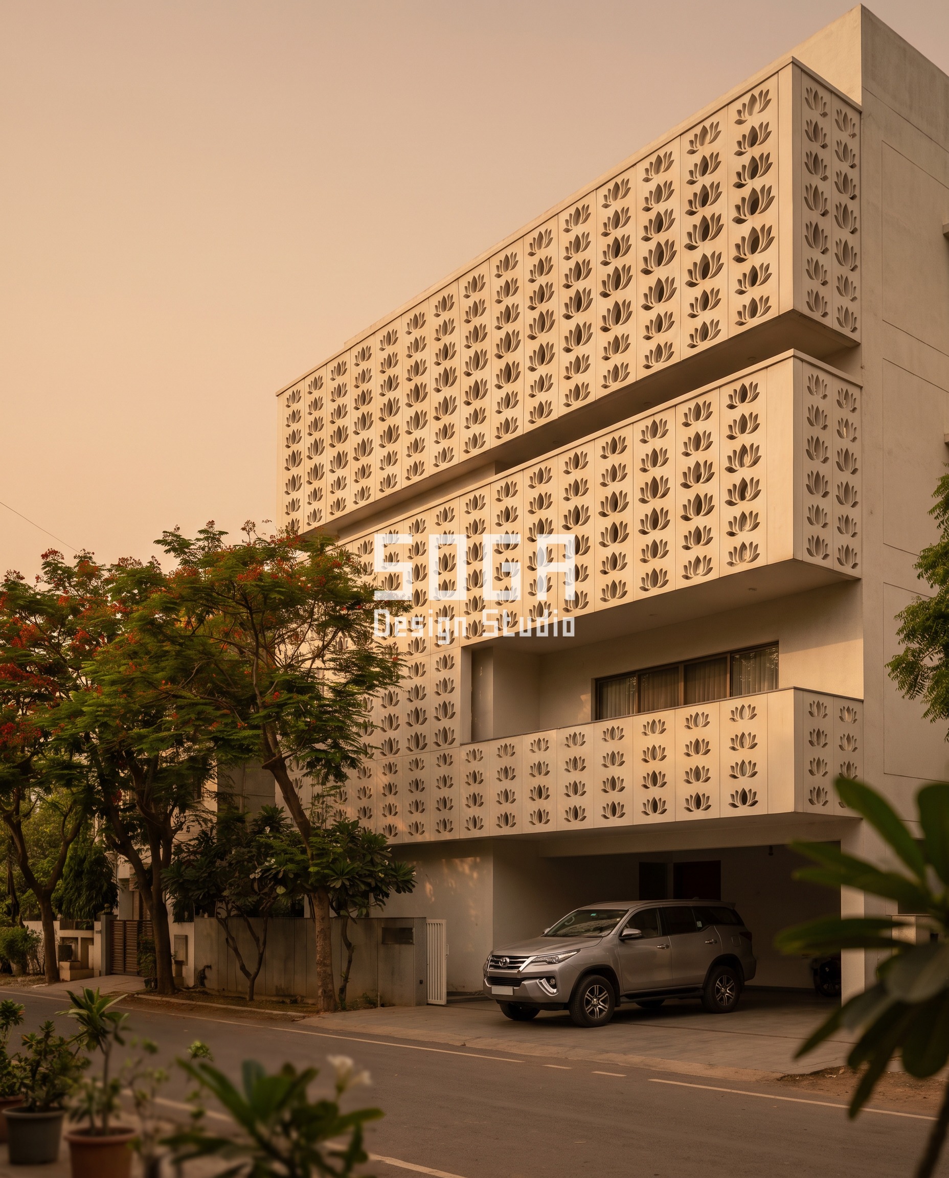 Facade Cladding Rate Card: Cost by City & Material 1 GRC perforated screen facade concept in Ahmedabad with lotus-motif apertures deepening from 90mm to 650mm up the floors, illustrating the budget-tier facade cladding rate in this cost comparison