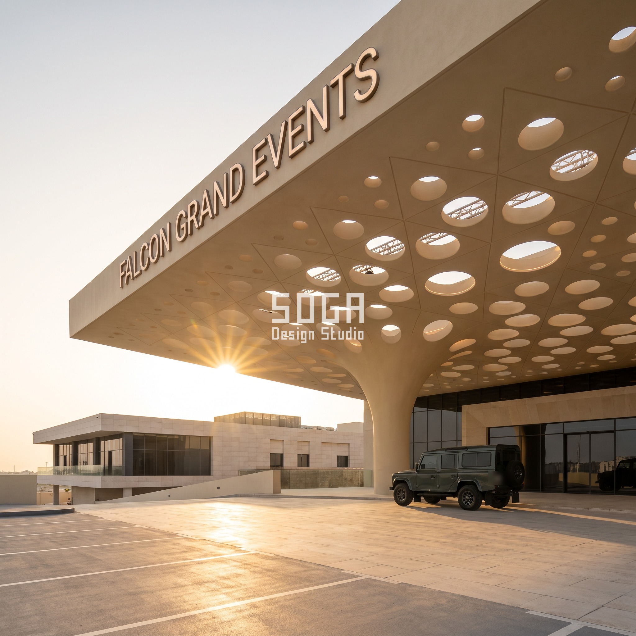 Banquet Hall Facade Design 2026: India, Dubai, Singapore 4 Abu Dhabi wedding venue porte-cochere with a carved cream GFRC canopy whose holes bloom from 60mm to 340mm around a hidden event-lighting truss