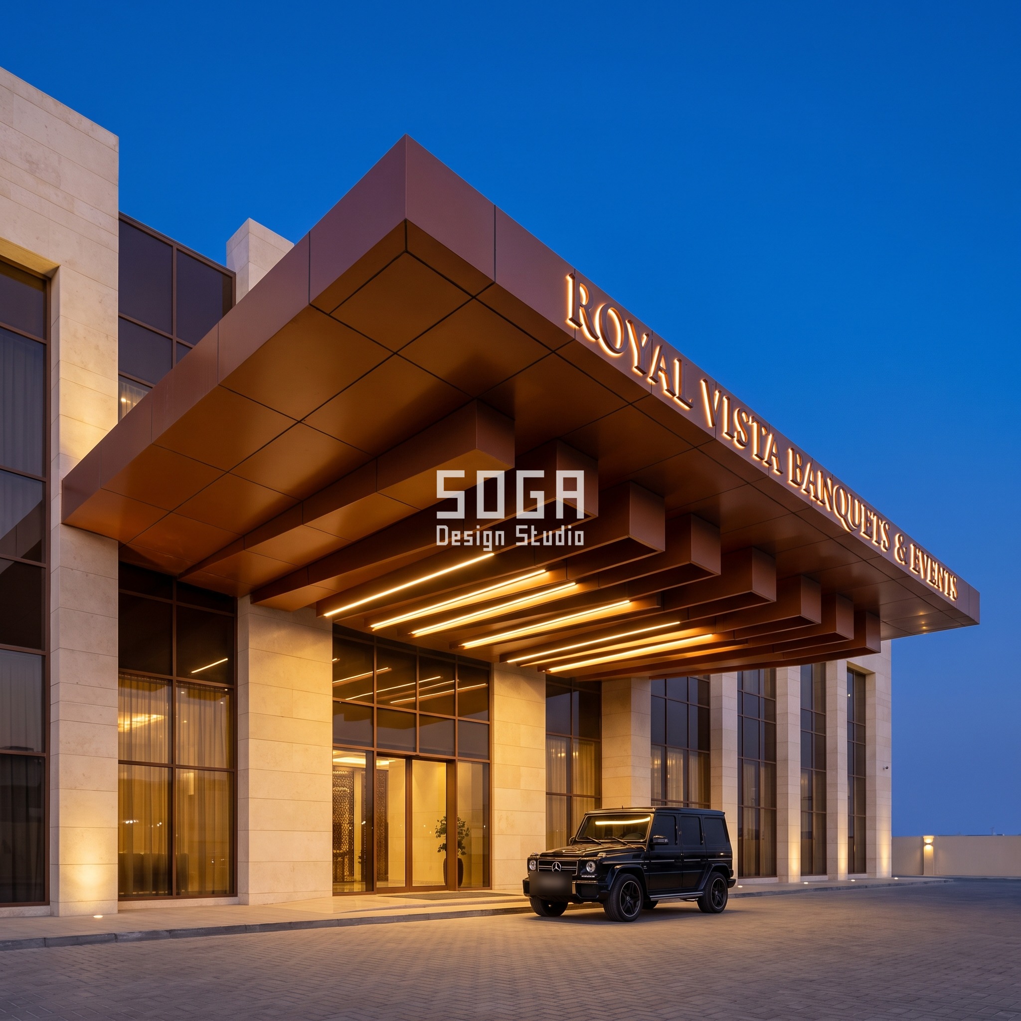 Banquet Hall Facade Design 2026: India, Dubai, Singapore 2 Dubai wedding venue porte-cochere with a copper-bronze box-folded canopy deepening from 14 to 44 degrees across a 13-metre span