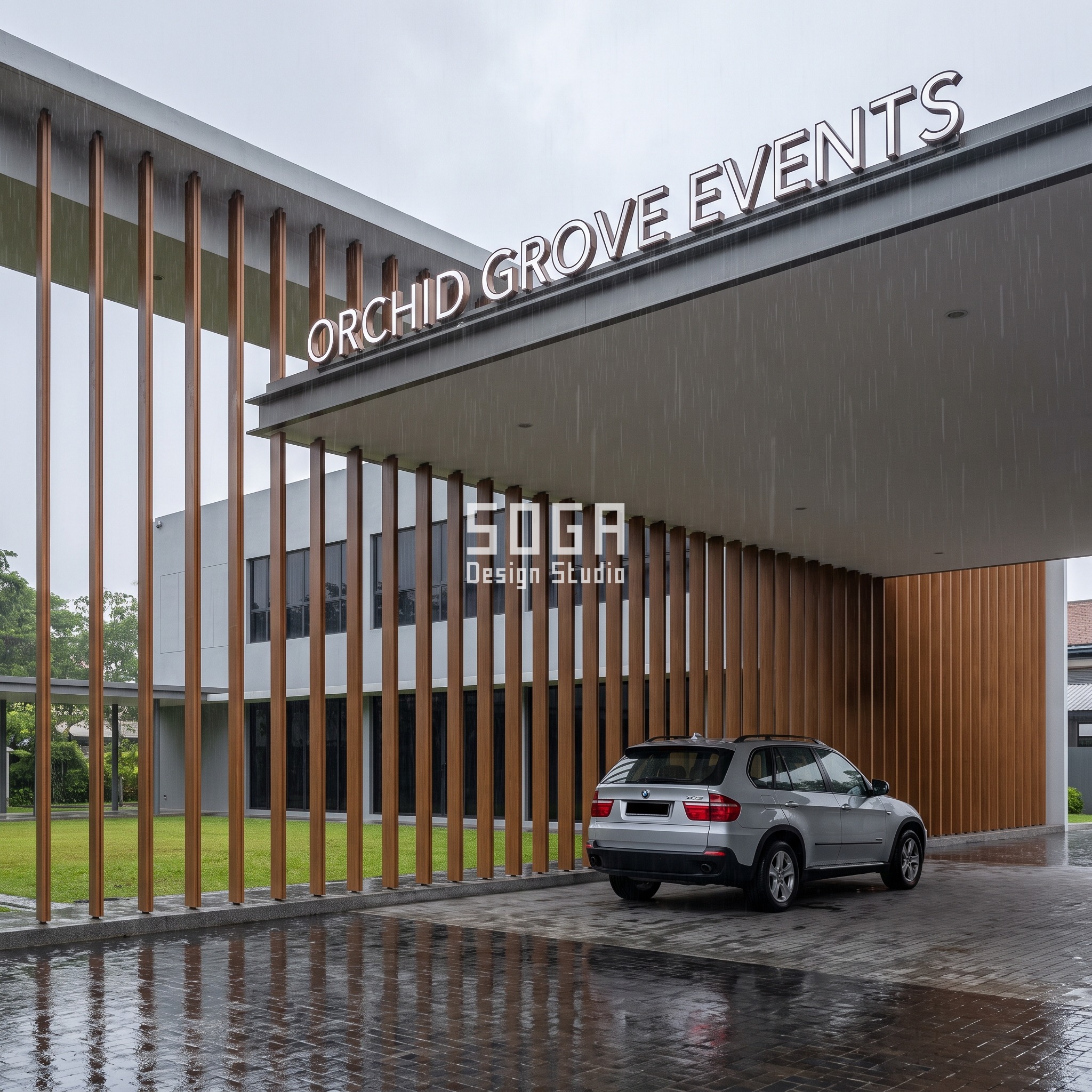 Banquet Hall Facade Design 2026: India, Dubai, Singapore 3 Singapore garden banquet venue with a teak-look finish box-fin veil rotating from open to fully closed across a 9-metre covered drop-off