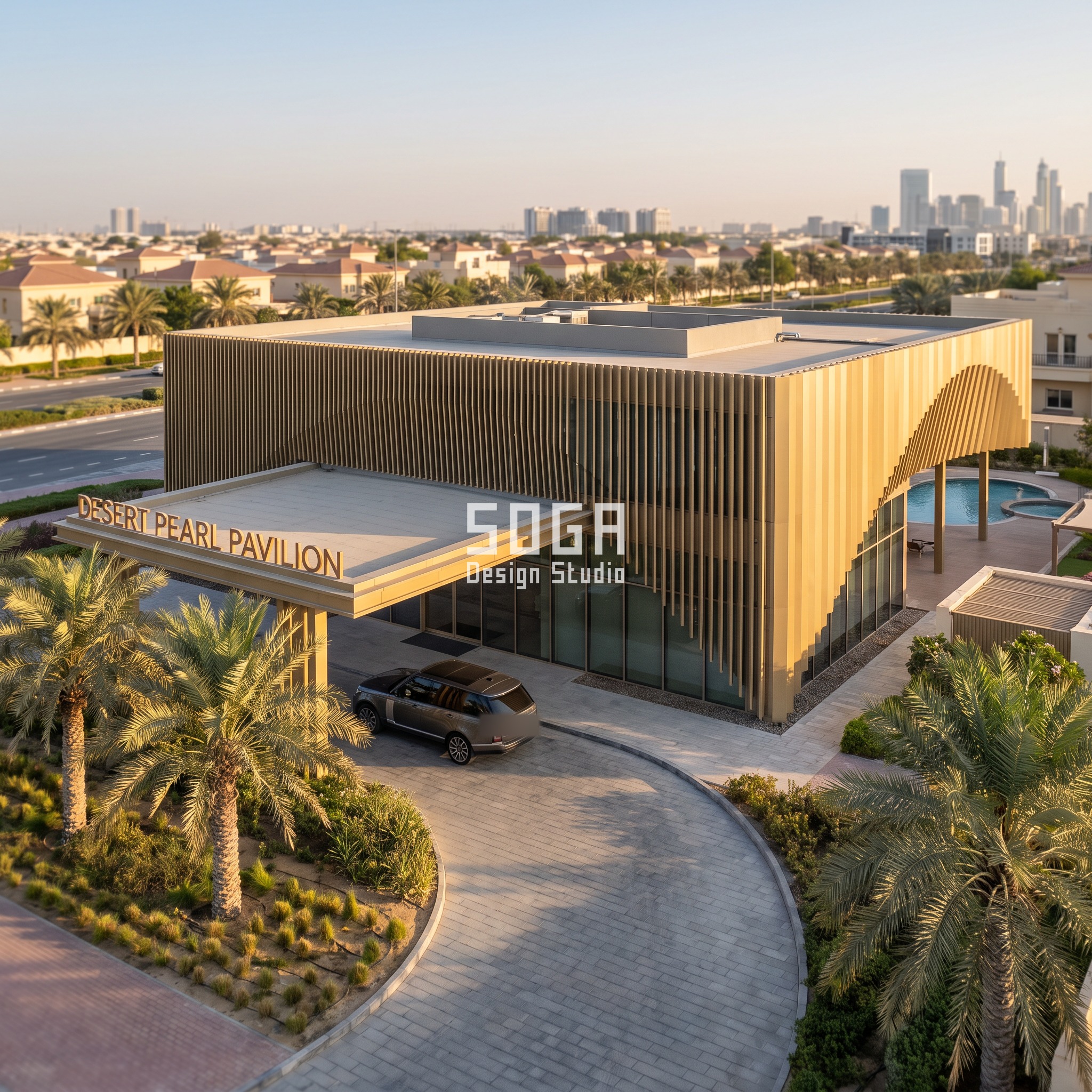 Dubai villa-community clubhouse pavilion with a champagne-gold anodised-finish fin-width gradient shading the entrance, Range Rover under the porte-cochere