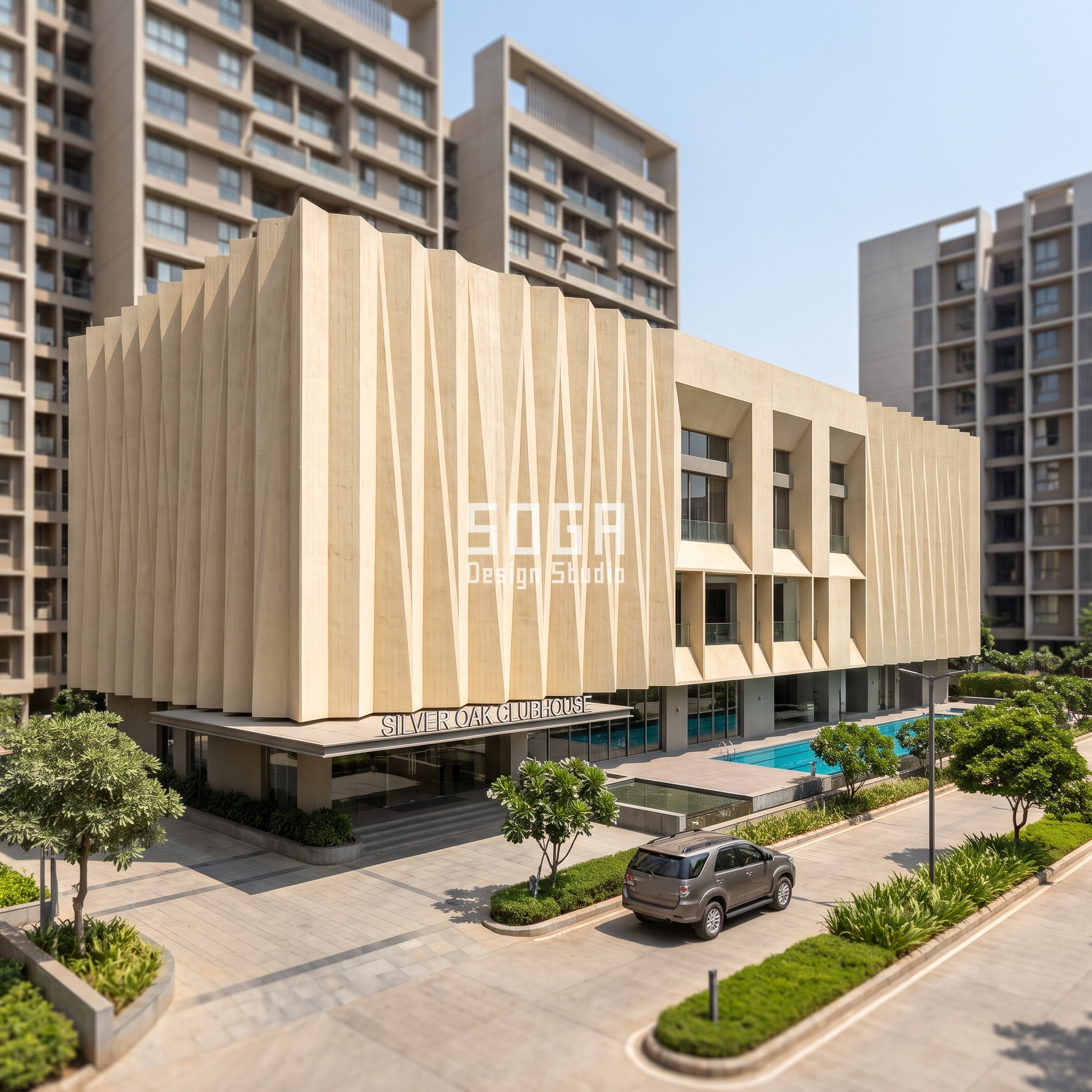Pune gated-community clubhouse with a precast GFRC accordion-pleat privacy screen gradient over the pool deck, parked Toyota Fortuner in the forecourt